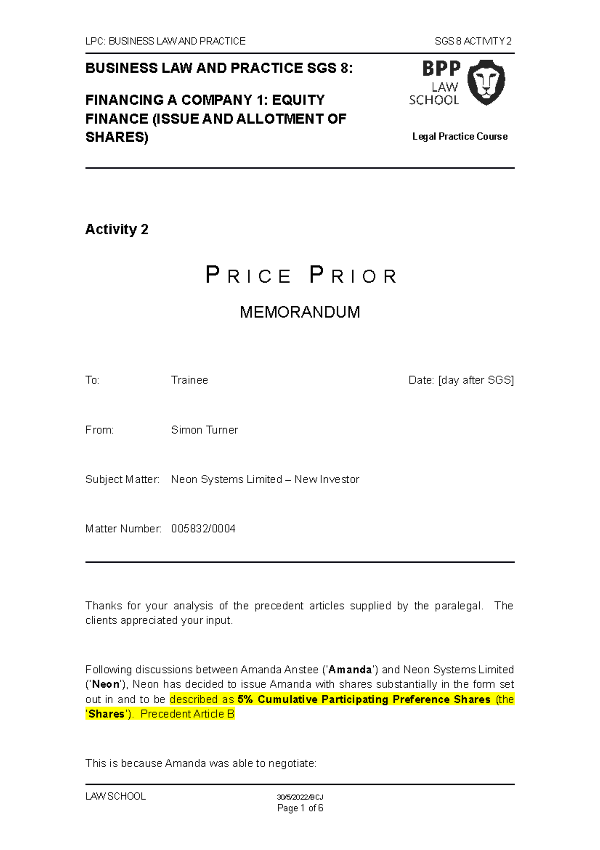 BLP SGS 8 Activity 2 22-23 - LPC: BUSINESS LAW AND PRACTICE SGS 8 ...