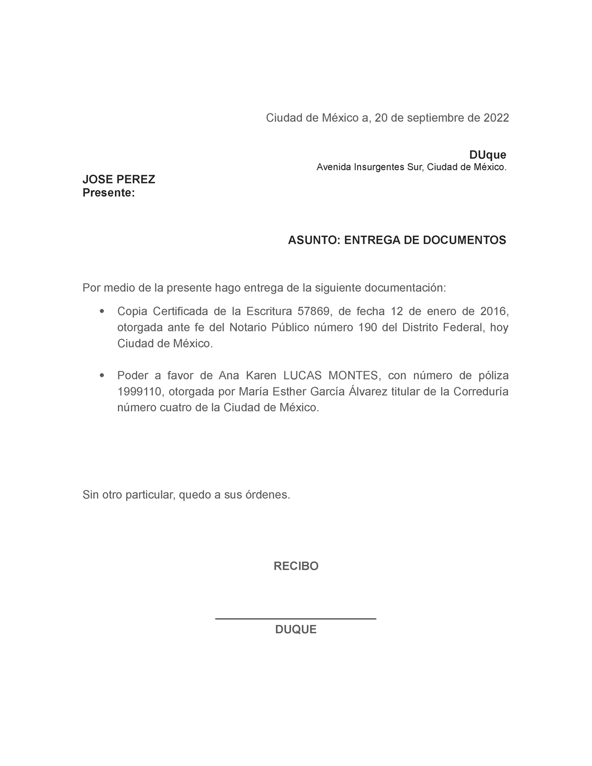 Acuse Entrega De Documentos Dumont Ciudad De México A 20 De Septiembre De 2022 Duque Avenida 7861