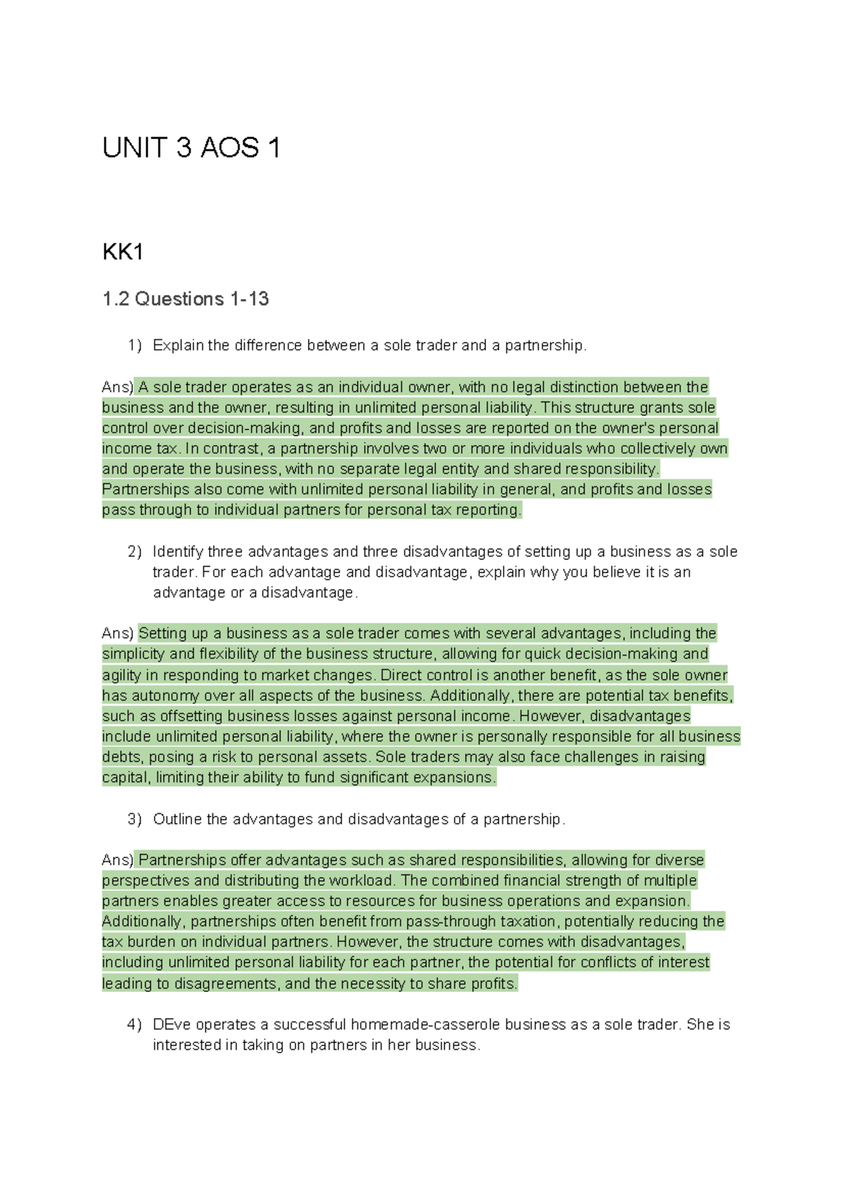 Year 12 Business coursework - UNIT 3 AOS 1 KK 1 Questions 1- 1) Explain ...