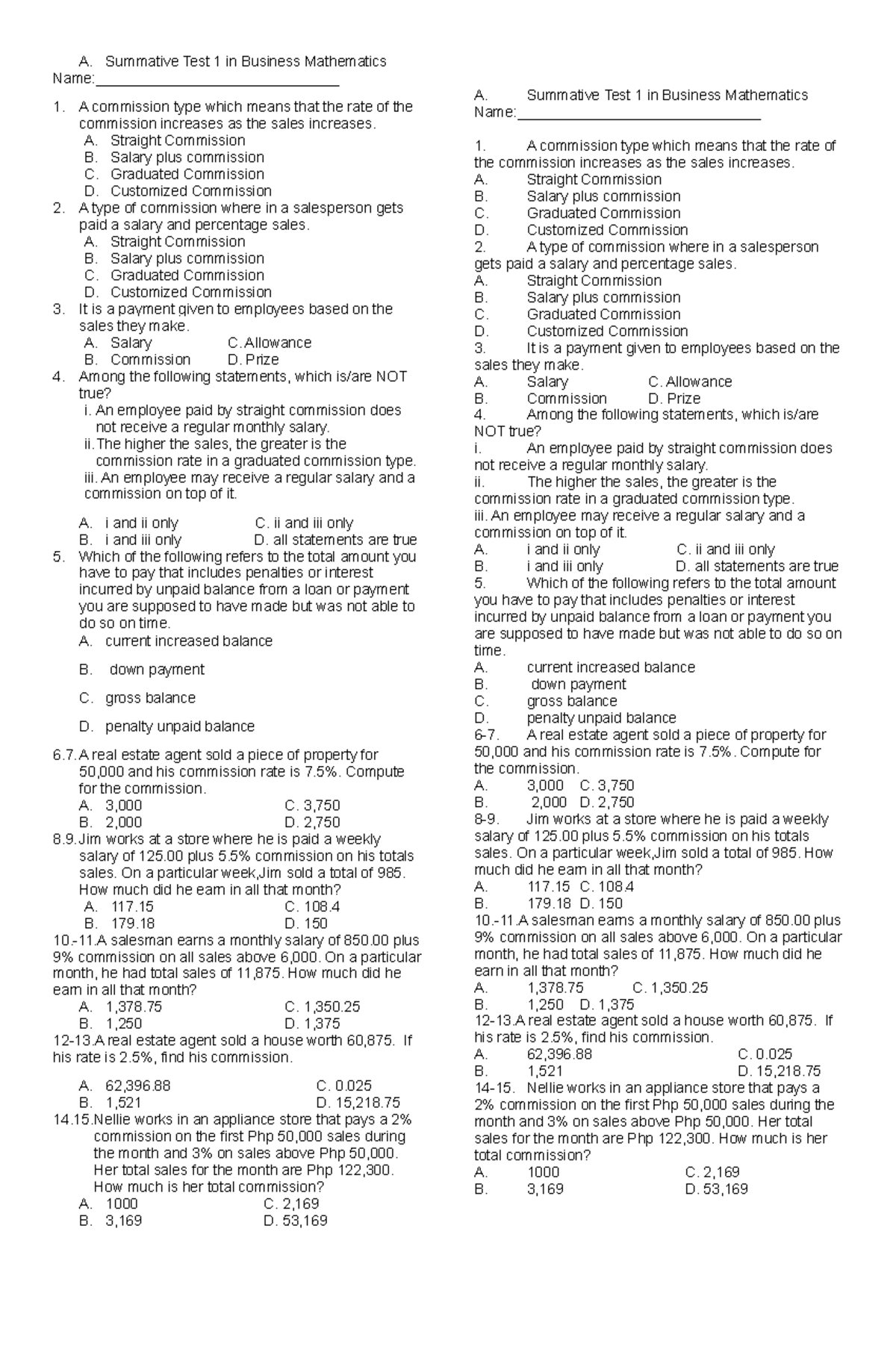 Summative Test 1 in Business Mathematics - A. Summative Test 1 in ...