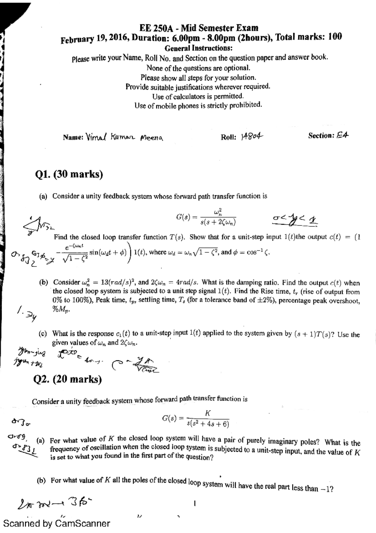 MID 14 September 2017, questions CONTROL SYSTEM ANALYSIS Scanned by CamScanner Scanned by