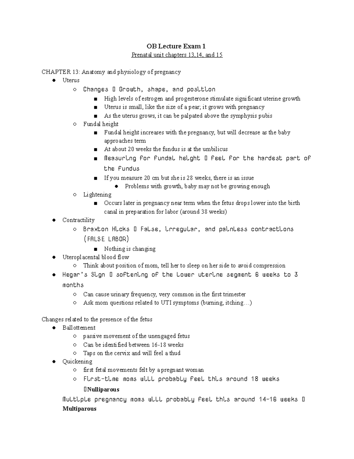 OB Lecture Exam- Prenatal Units - ..) Changes Related To The Presence ...