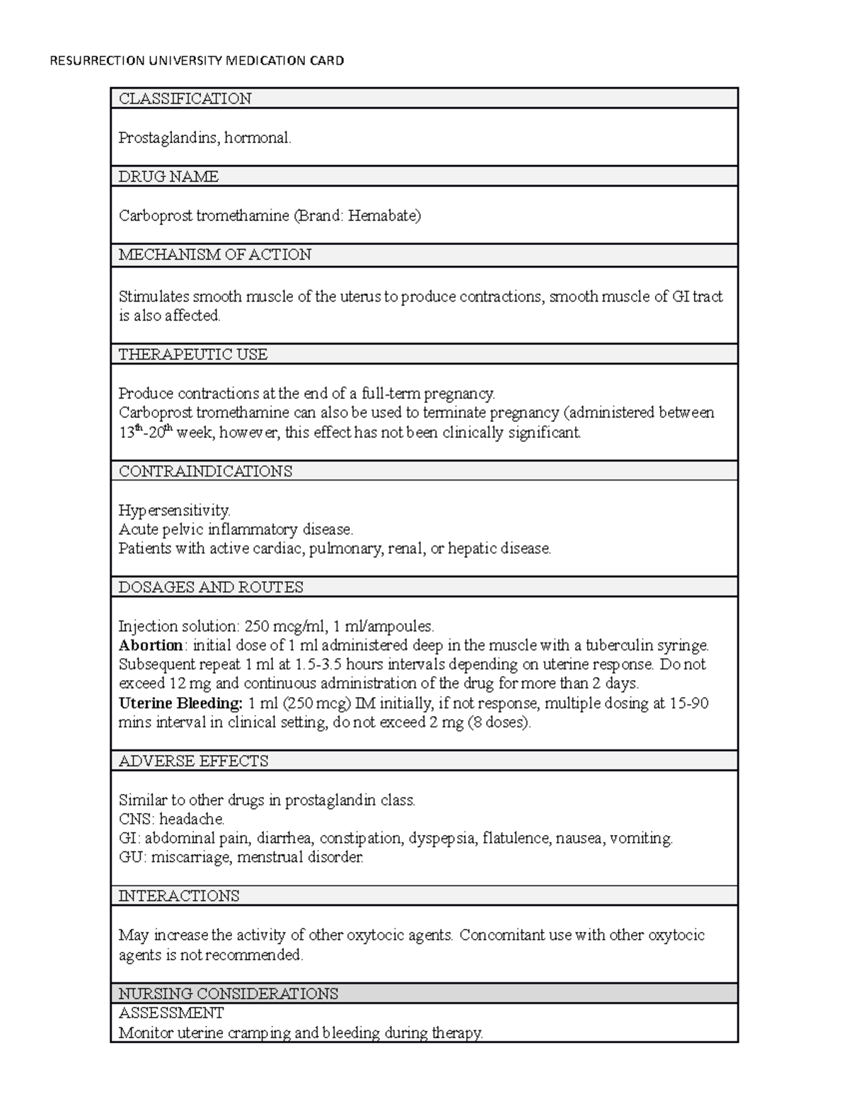 Carboprost tromethamine - RESURRECTION UNIVERSITY MEDICATION CARD ...