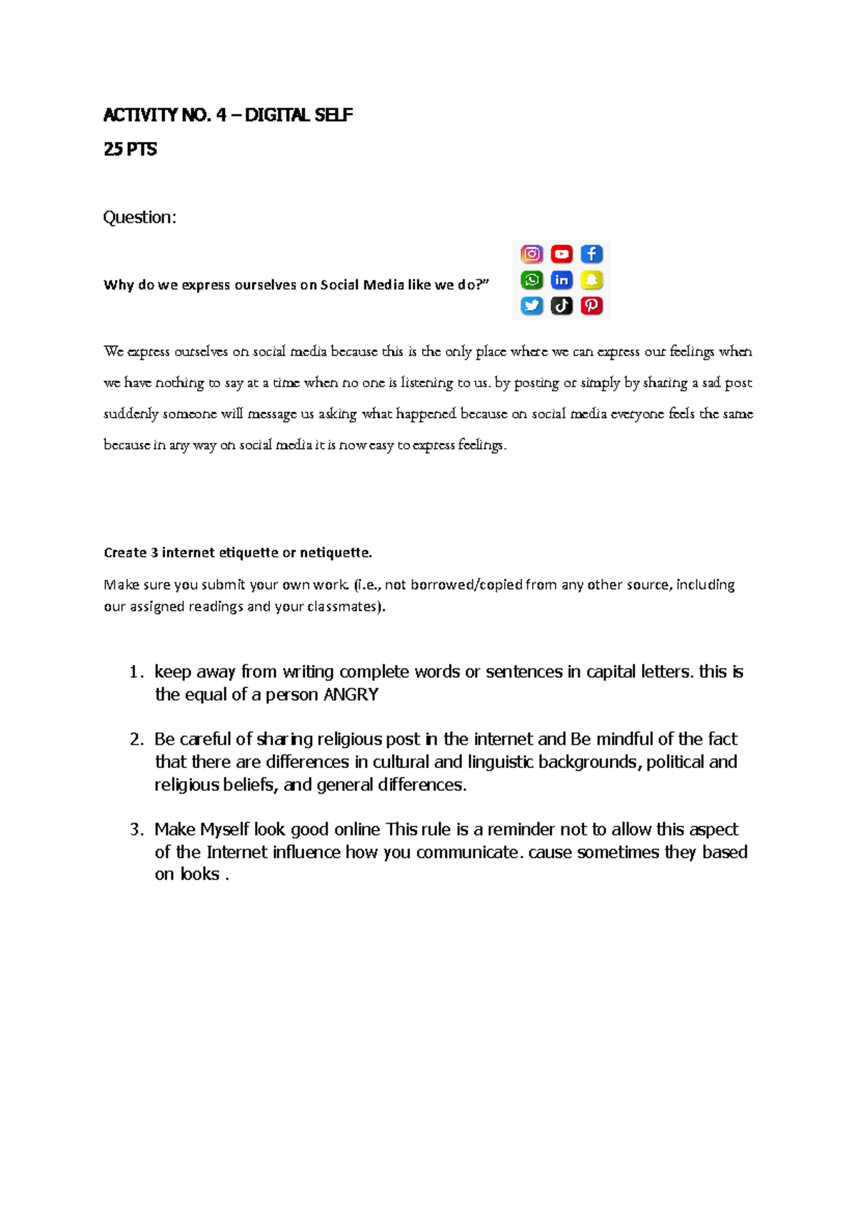 Activity NO 4 Digital SELF ACTIVITY NO. 4 DIGITAL SELF 25 PTS