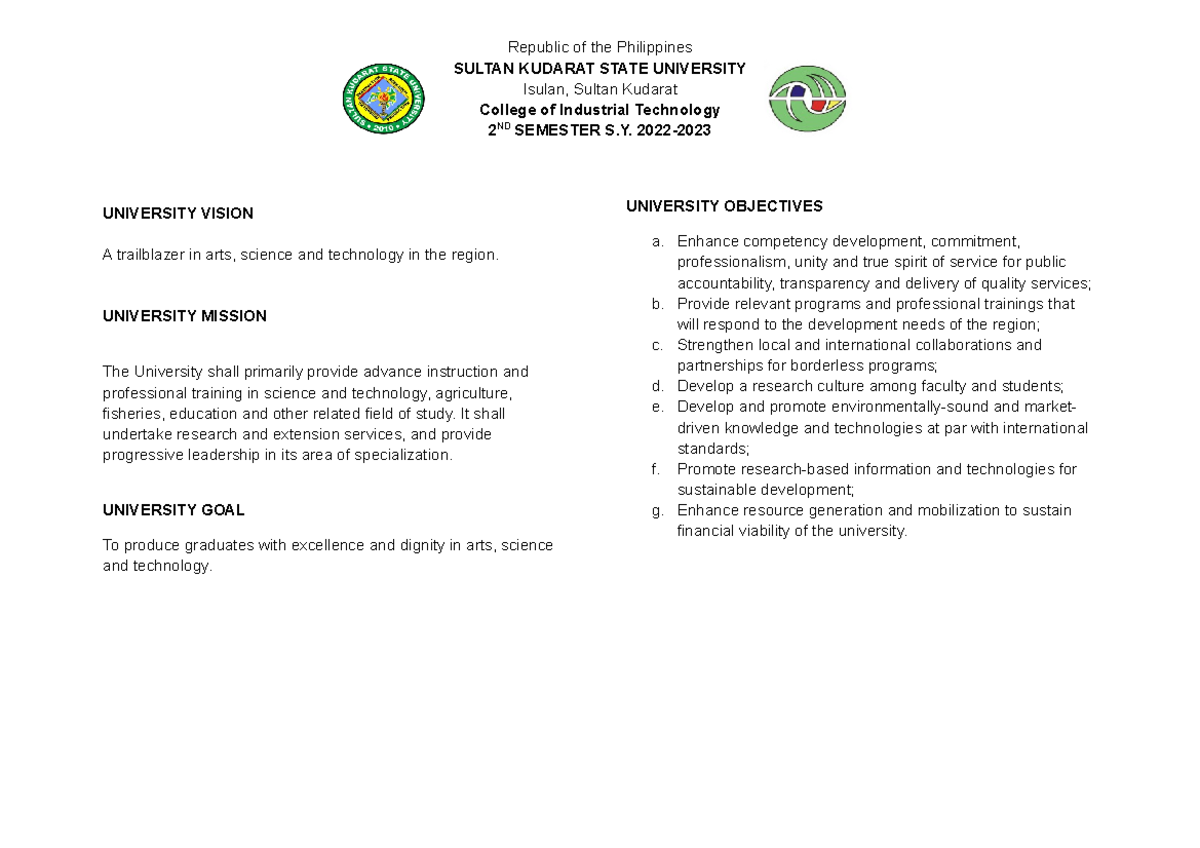 Syllabus FSM 321 Cafeteria and Catring Managment Republic of the Philippines SULTAN KUDARAT