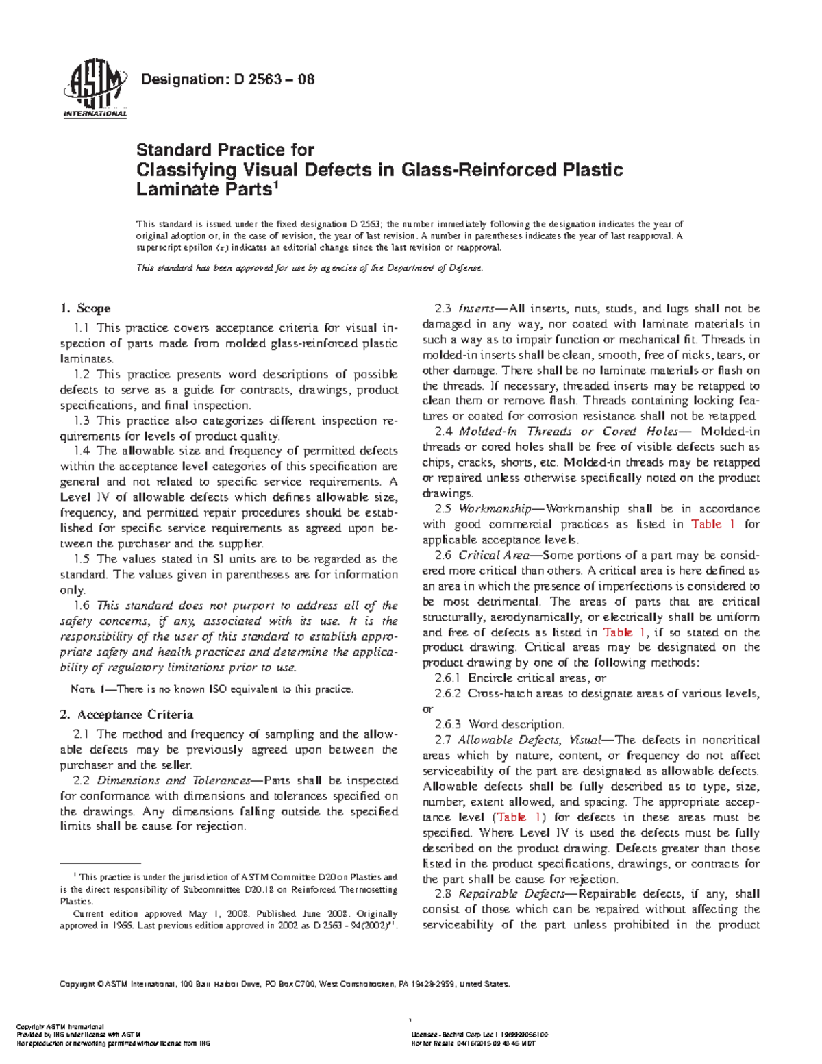 ASTM D2563 Classifying Visual Defects in FRP Designation D 2563 08