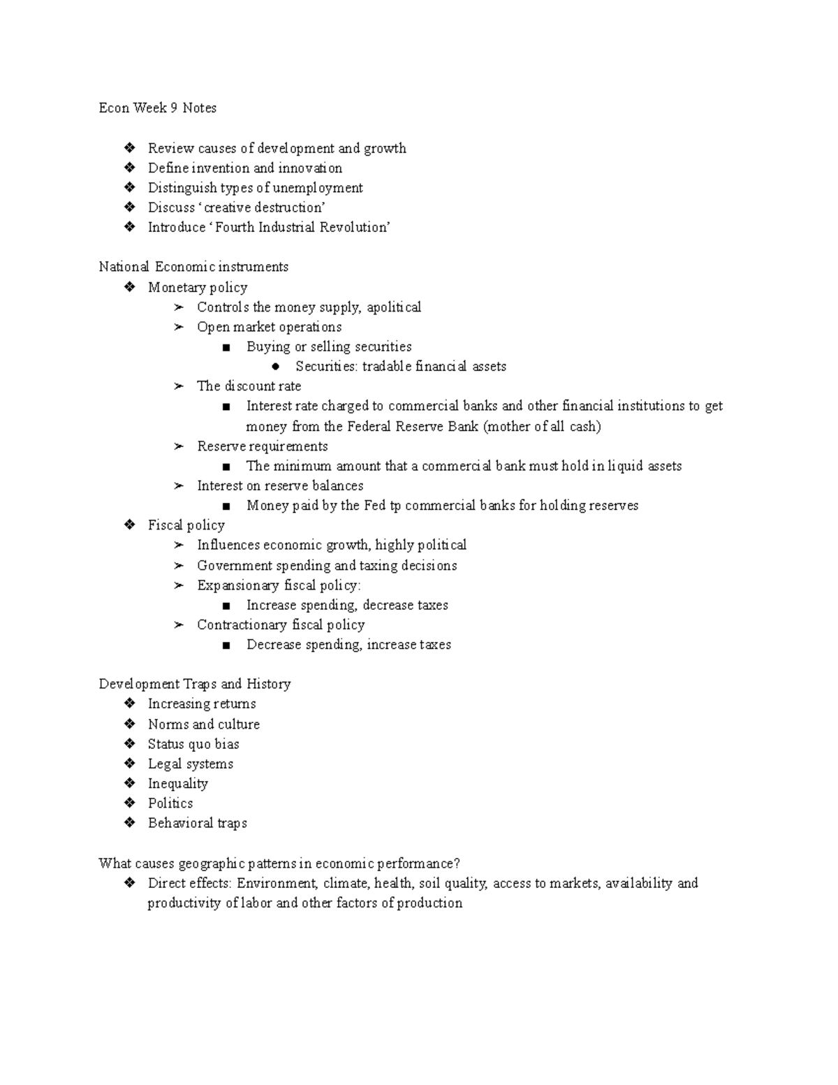 Econ Week 9 Notes - Econ Week 9 Notes Review causes of development and ...