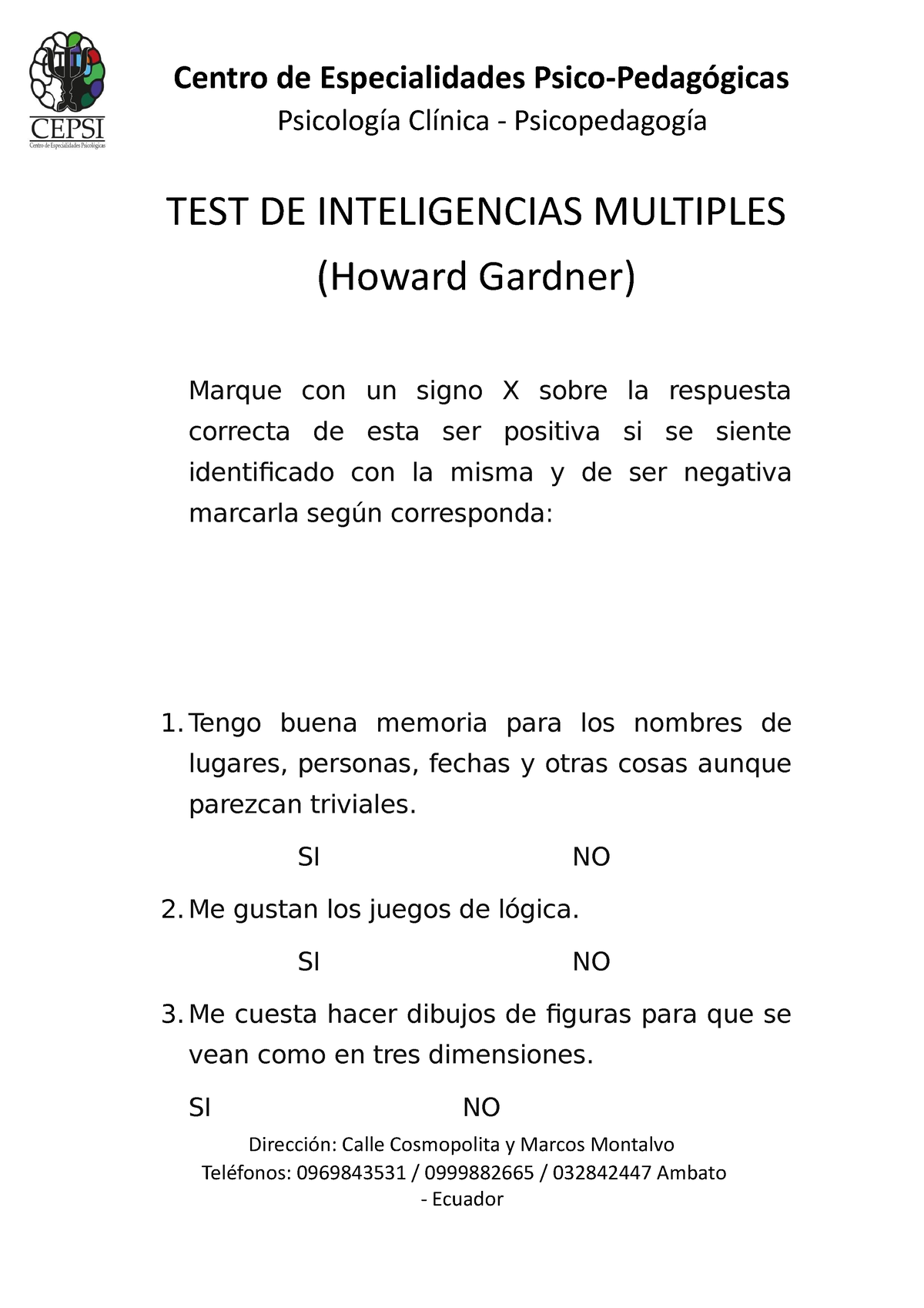 Test De Inteligencias Multiples Cepsi Psicología Clínica Psicopedagogía Test De 1561