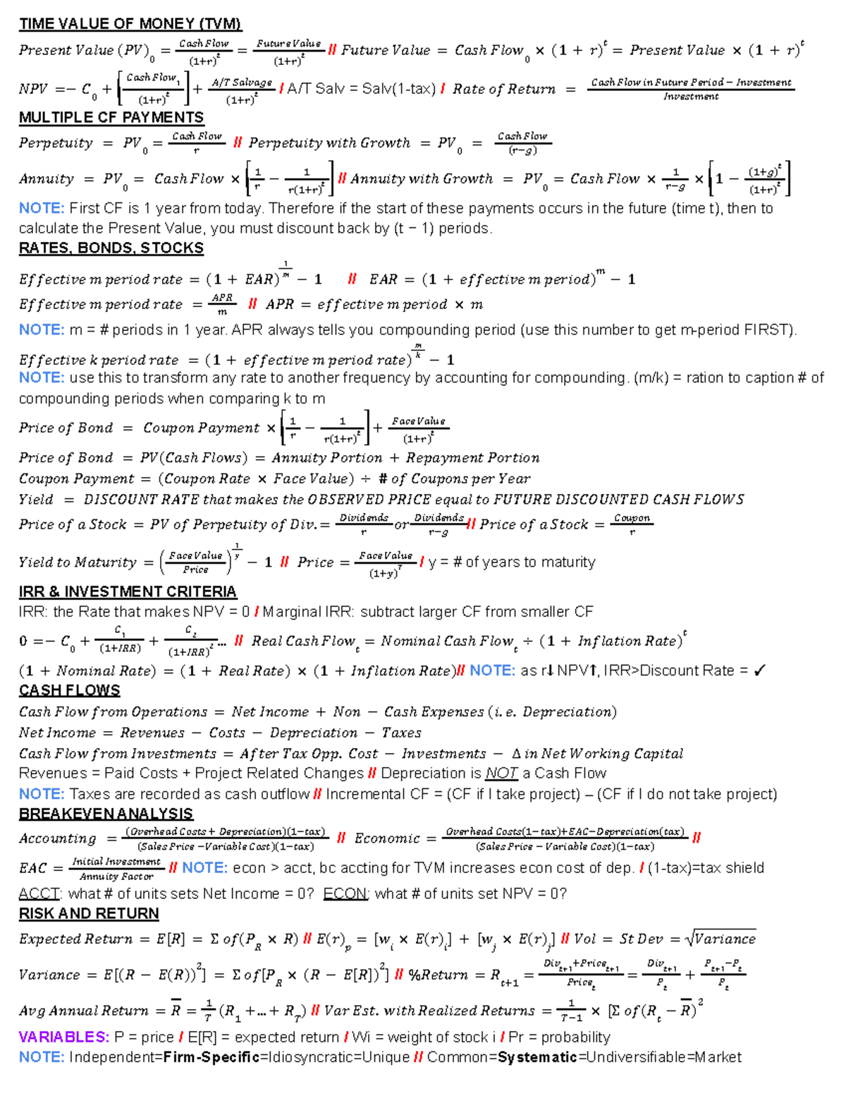 BUS 1300 Final EXAM Cheat Sheet - TIME VALUE OF MONEY (TVM) 𝑃𝑟𝑒𝑠𝑒𝑛𝑡 ...