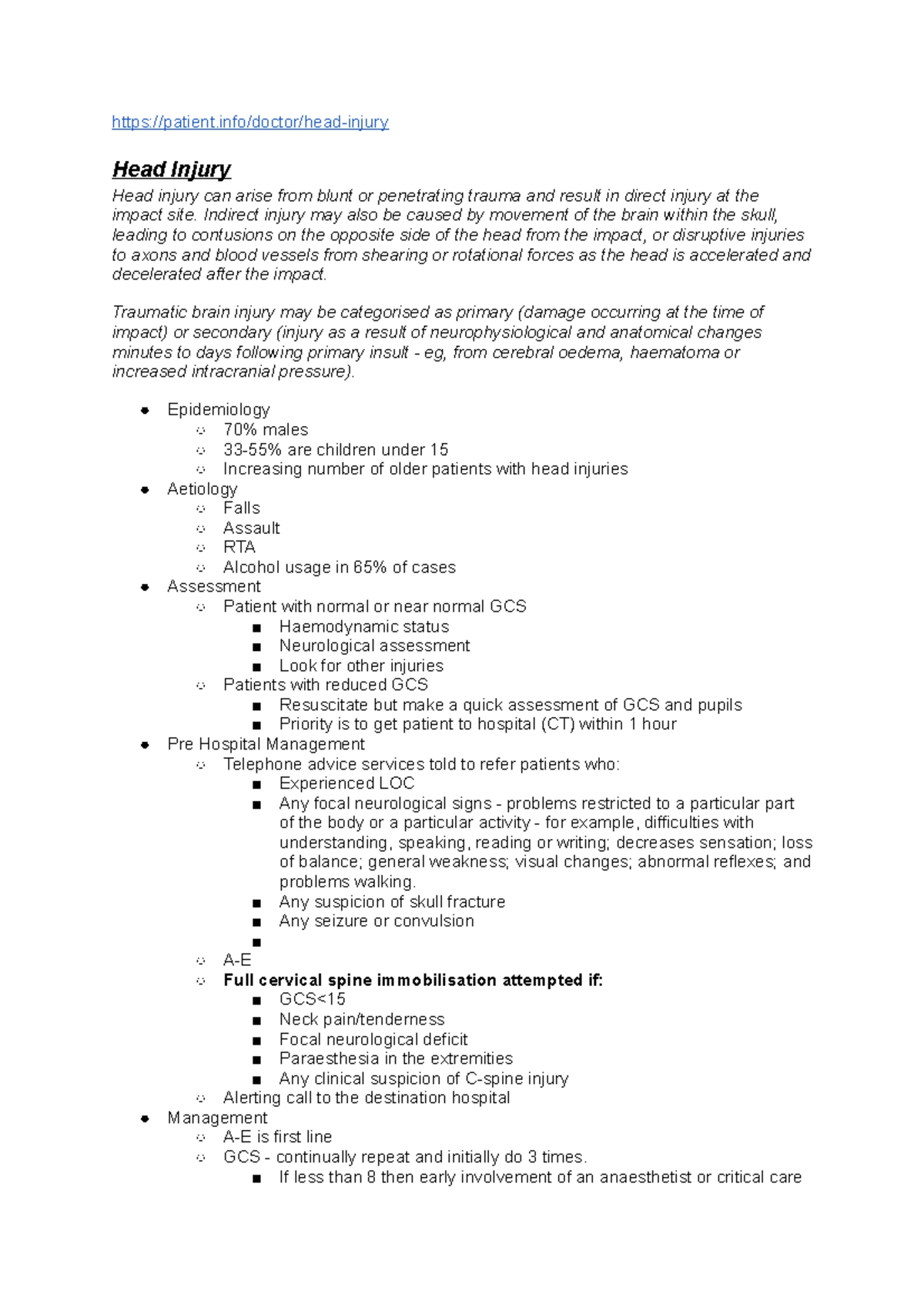 Head Injury - Lecture notes Year 4 Emergency Presentations - patient ...