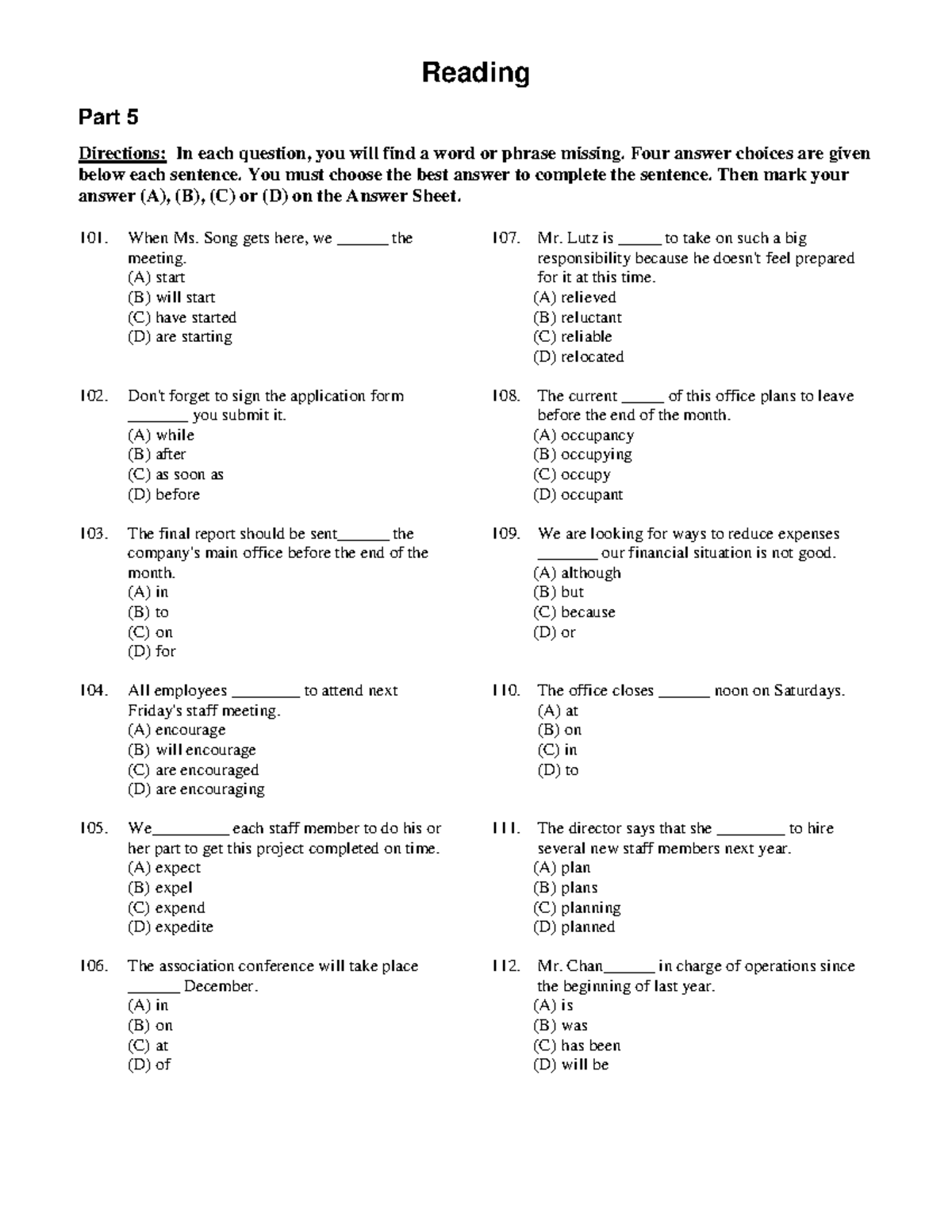 TEST 1 PART 5 - ......... - Reading Part 5 Directions: In each question ...