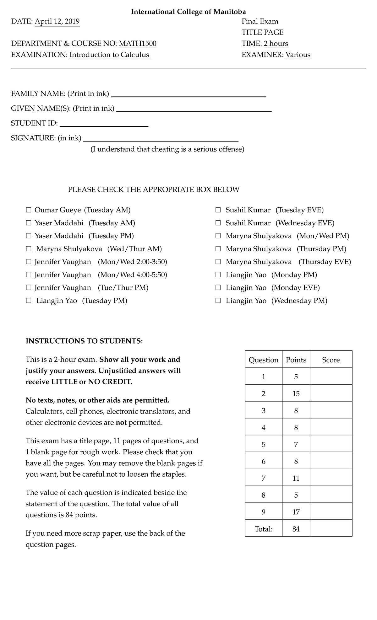 Final Exam Winter 2019 MATH1500 - DATE: April 12, 2019 DEPARTMENT ...