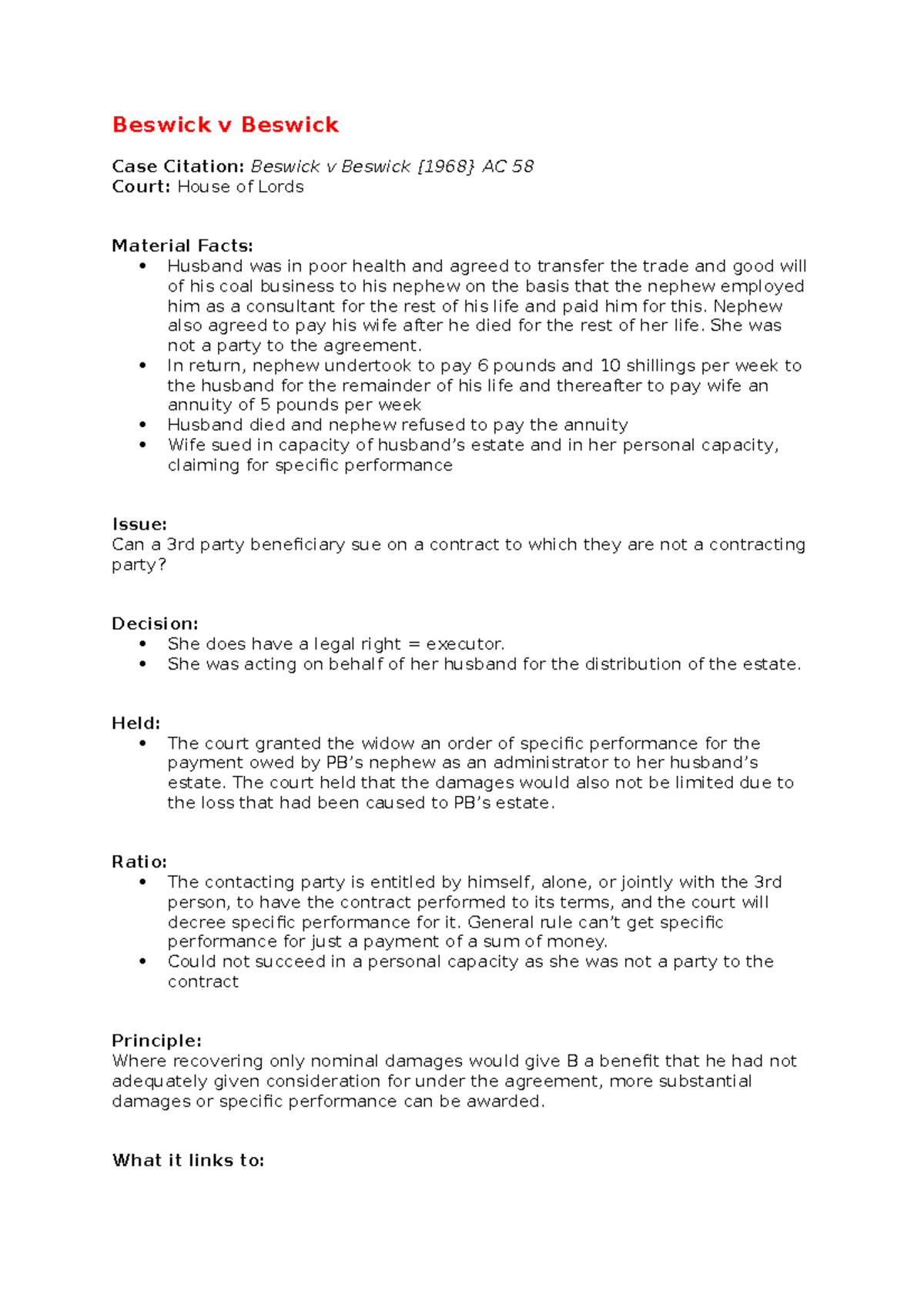 Beswick v Beswick Case Summary Beswick v Beswick Case Citation