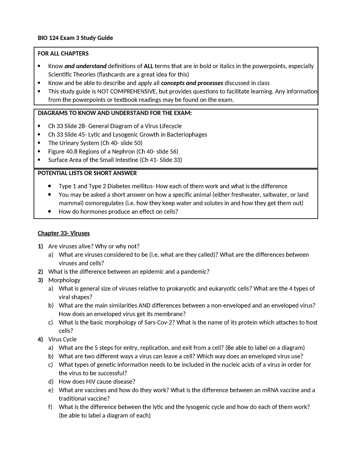 01 Study Guide- Exam 3 BIO 124- 2022 - BIO 124 Exam 3 Study Guide FOR ...