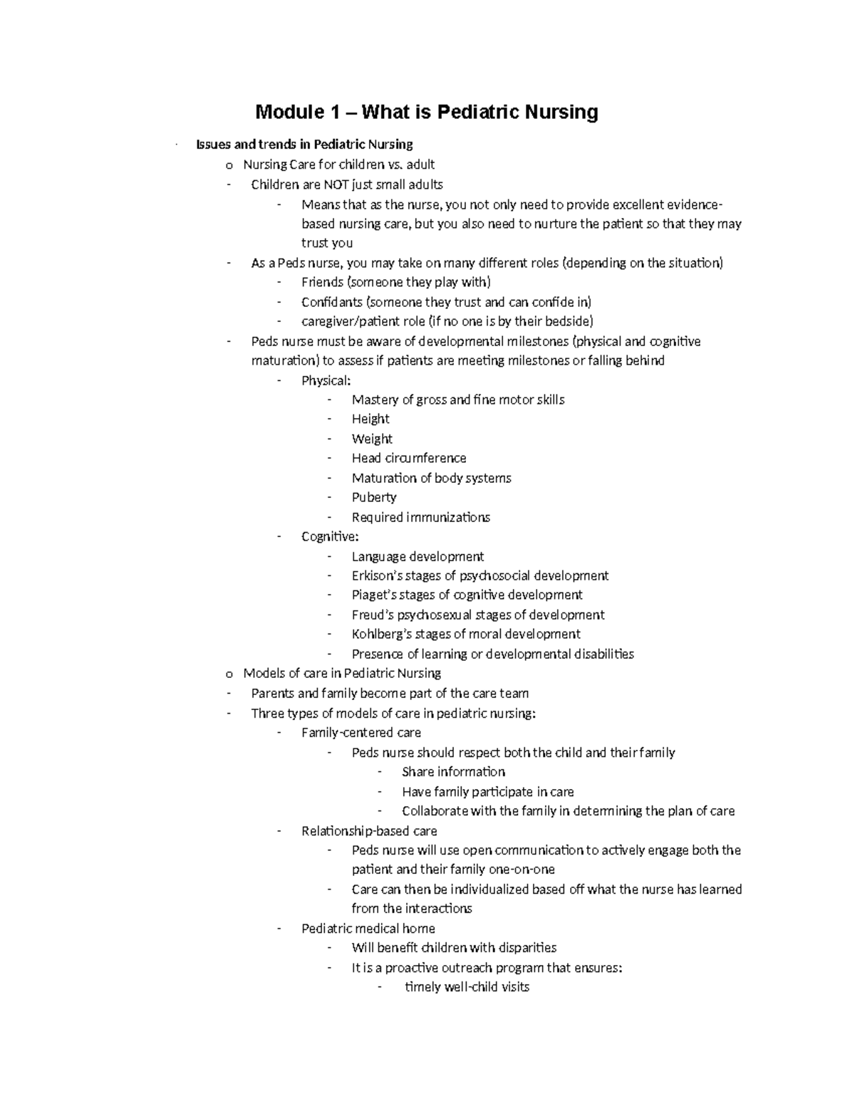 A cohort Exam 1 Study Guide Module 1 What is Pediatric Nursing