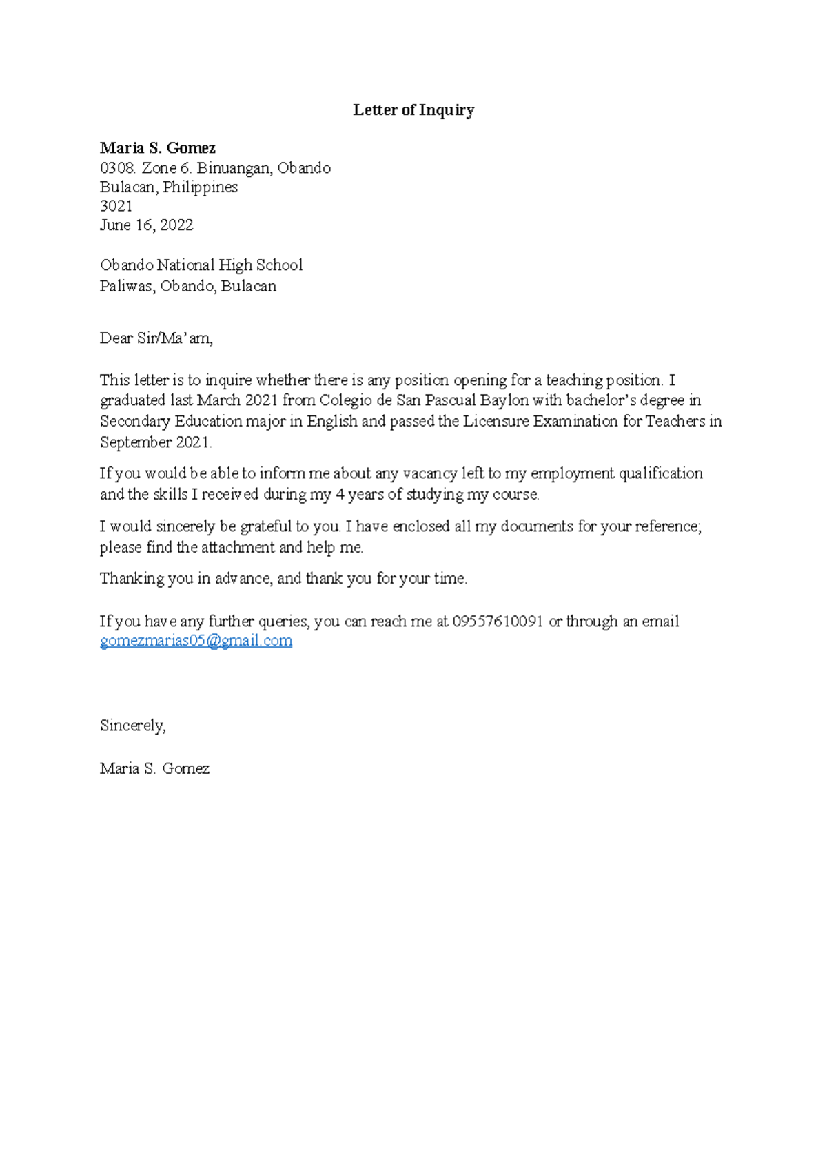 Application letter - Letter of Inquiry Maria S. Gomez 0308. Zone 6 ...