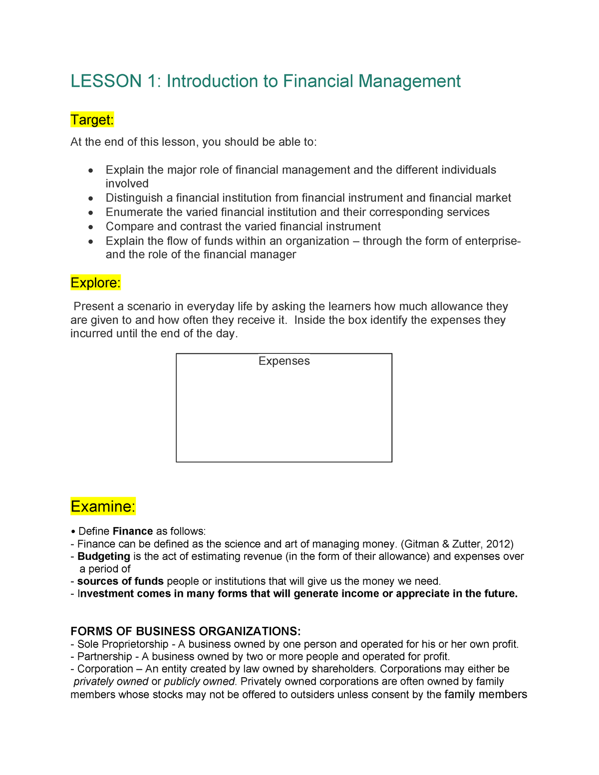 Business Finance Compresss - Lesson 1: Introduction To Financial Management  Target: At The End Of - Studocu