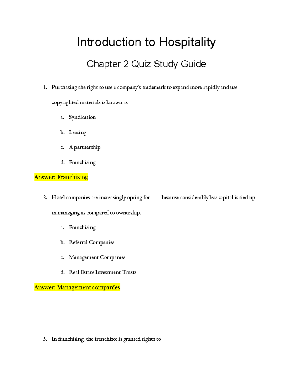 Chapter 2 Quiz Study Guide - Introduction To Hospitality Chapter 2 Quiz ...