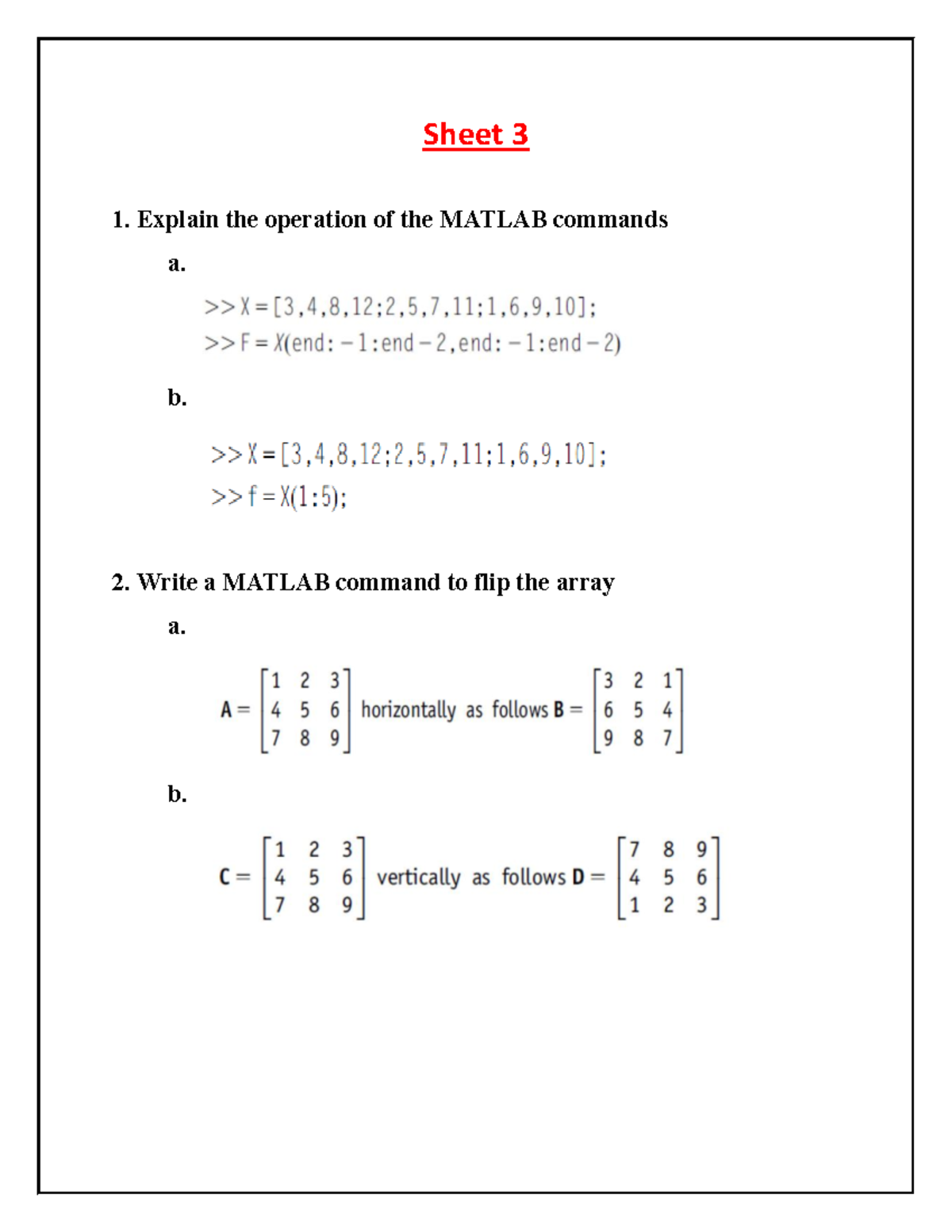 Sheet 3 - Sheet 3 Explain the operation of the MATLAB commands a. b ...
