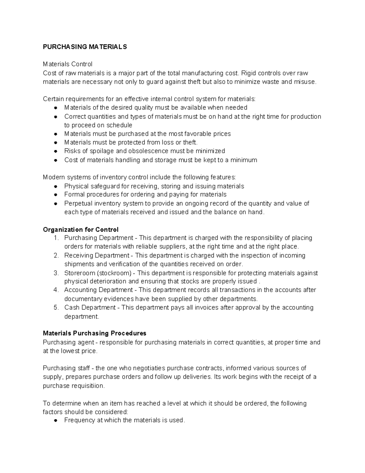 Chapter-2 - Accounting - Purchasing Materials Materials Control Cost Of 