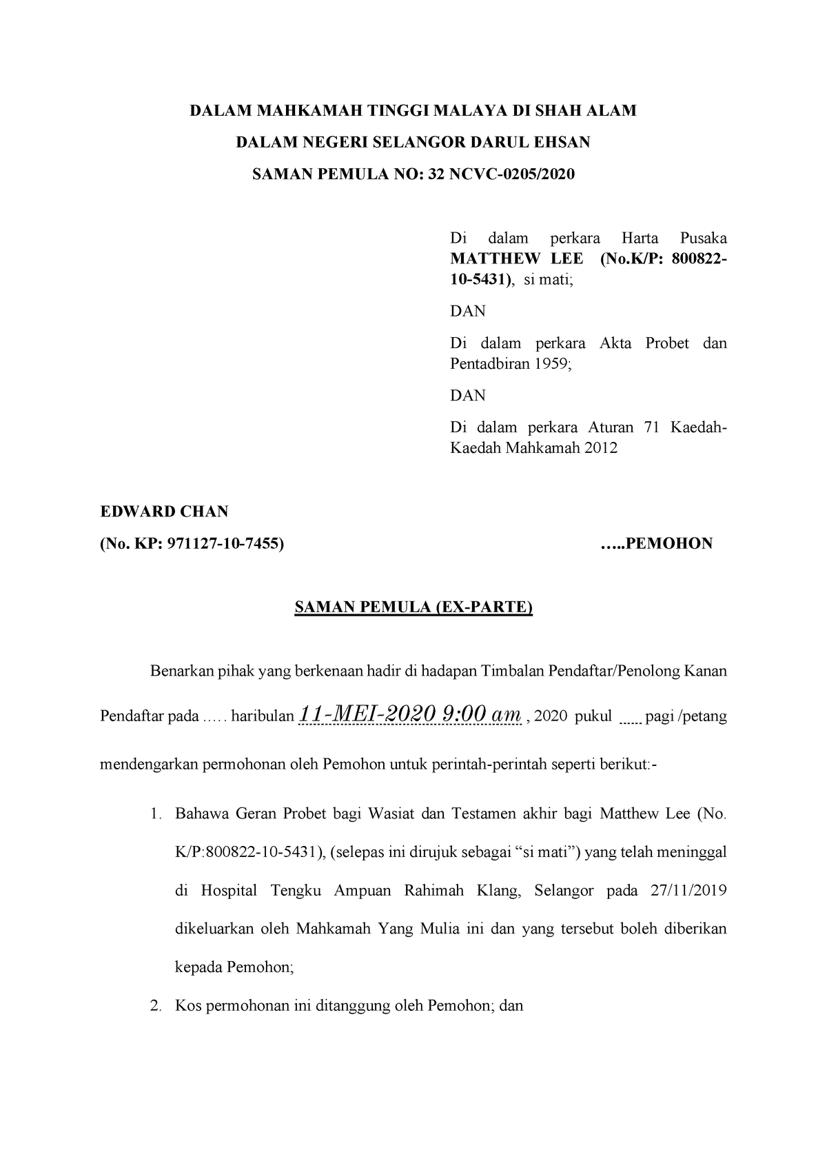 Saman Pemula Probate Dalam Mahkamah Tinggi Malaya Di Shah Alam Dalam Negeri Selangor Darul Ehsan Saman Pemula No 32 Ncvc 0205 Di Dalam Perkara Harta Pusaka Studocu