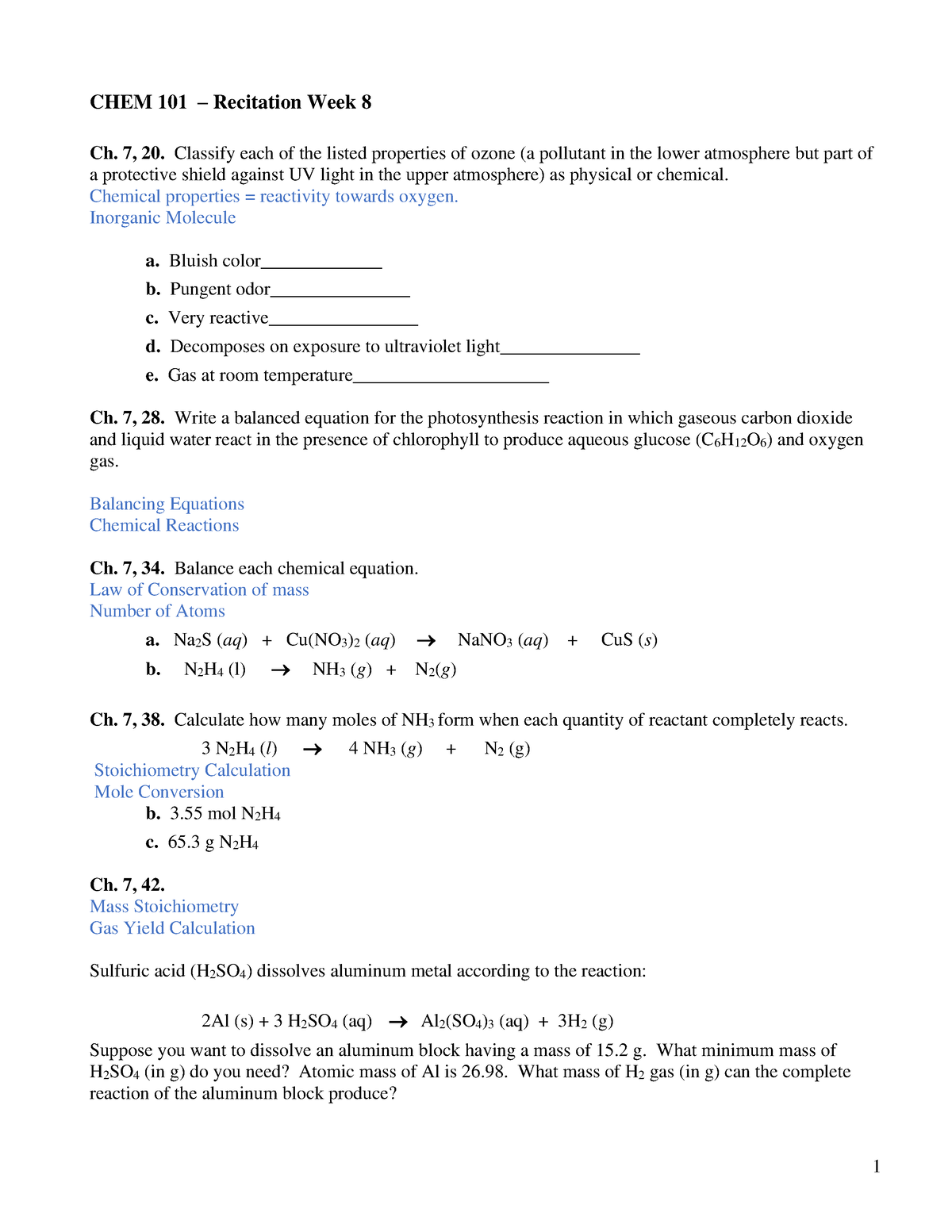 CHEM 101 Recitation Week 8 - 1 CHEM 101 – Recitation Week 8 Ch. 7, 20 ...