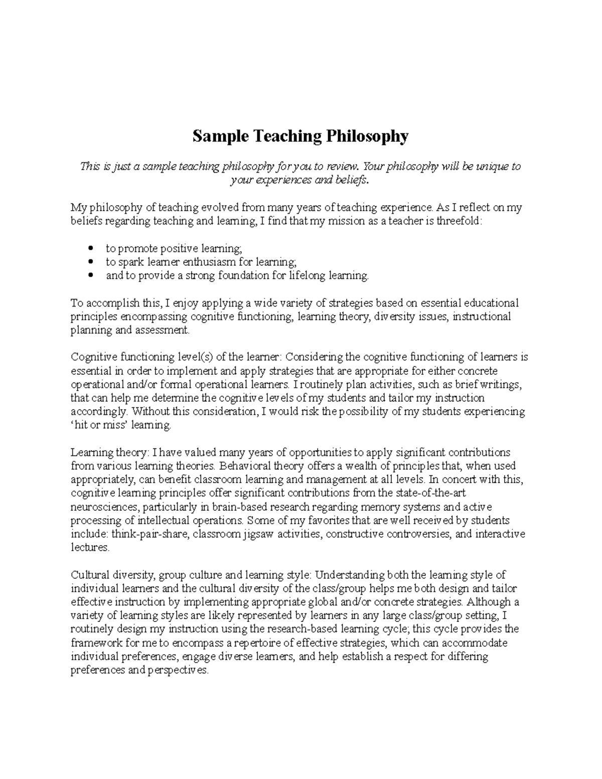 Sample Teaching Philosophy - Your philosophy will be unique to your ...