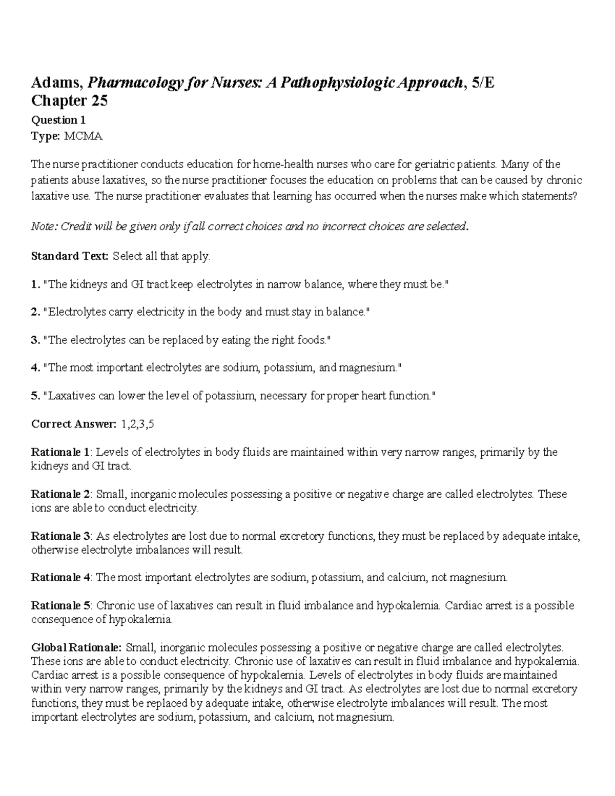 Adams 5e tif ch25 final - test - Adams, Pharmacology for Nurses: A ...