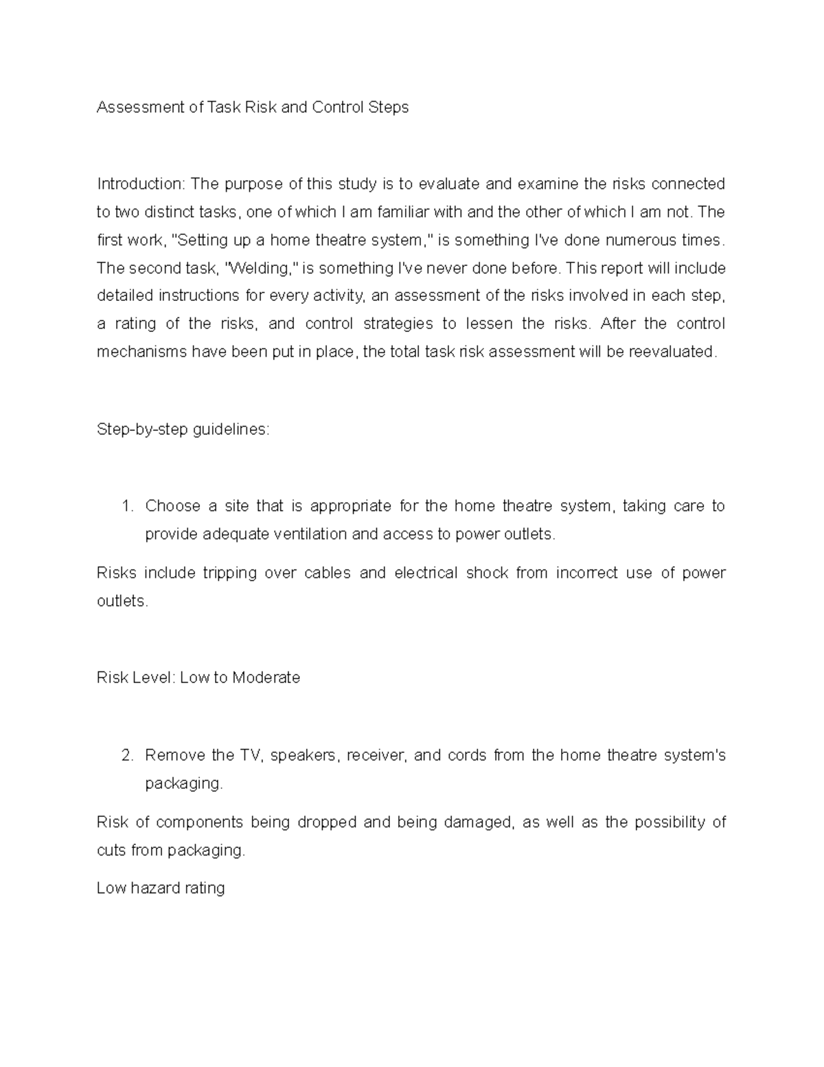 Helath n safety - Assignment n°1 second semester - Assessment of Task ...