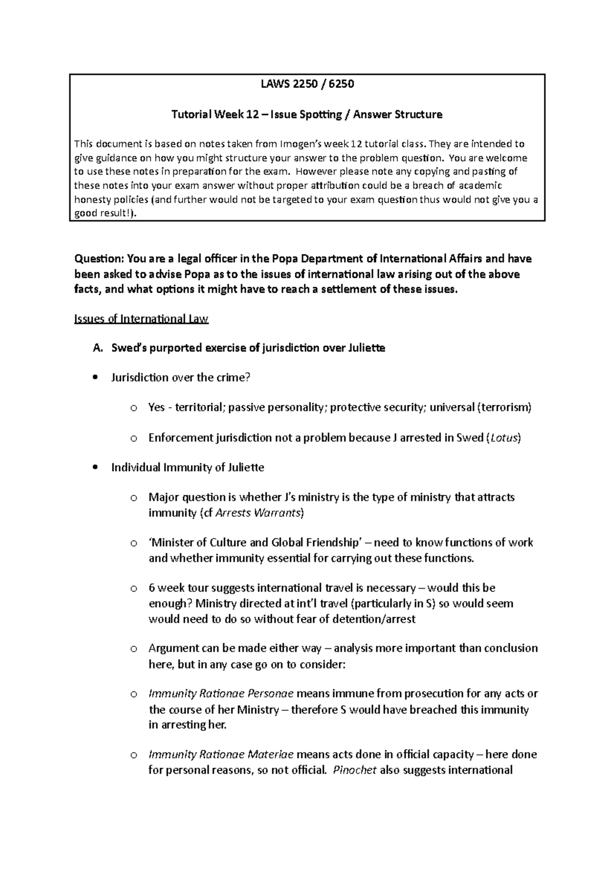 Notes from lecturer week 12 - tutorial question and notes - LAWS2250 ...