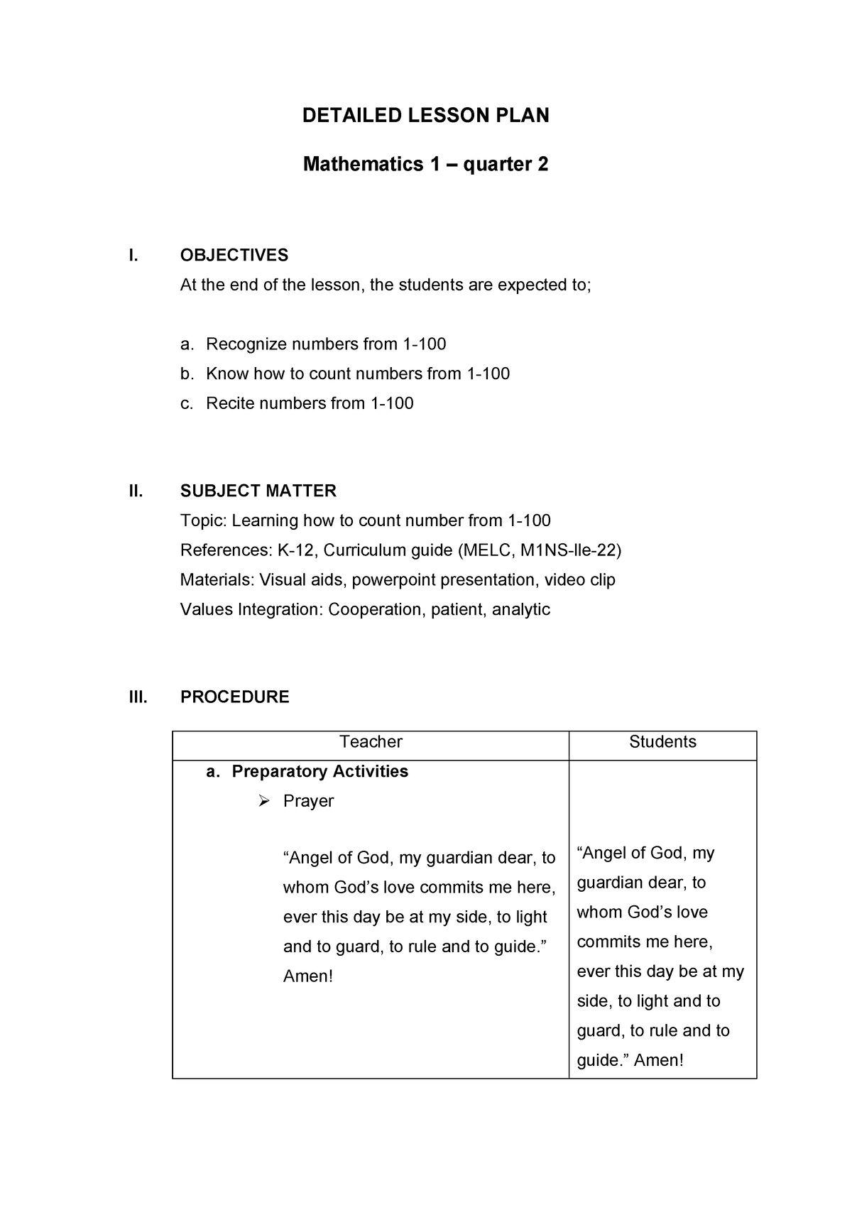 Dlp Math1 Math Detailed Lesson Plan Mathematics 1 Quarter 2 I Objectives At The End Of 4348