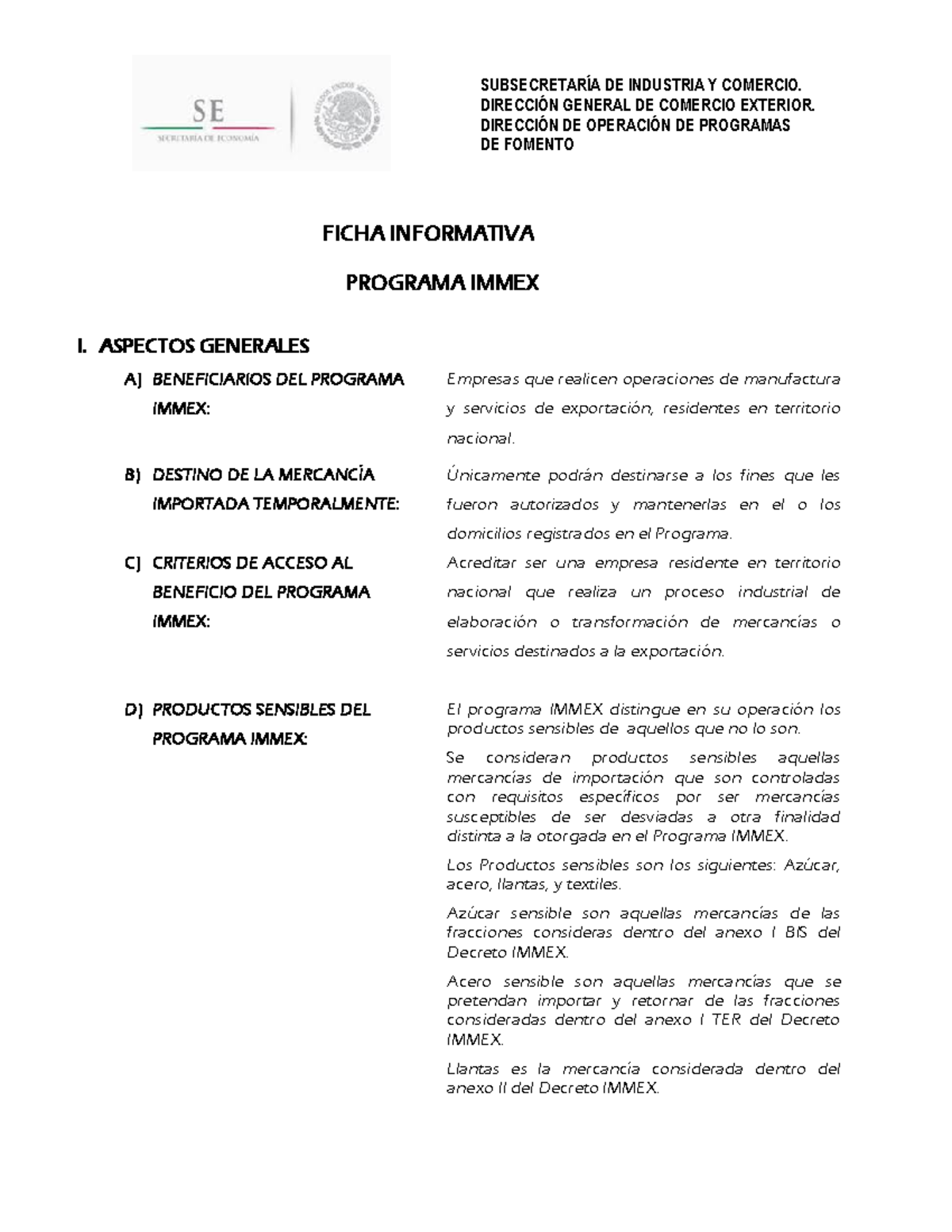 Inf espec Ficha Informativa Immex rev4 - DIRECCIÓN GENERAL DE COMERCIO ...