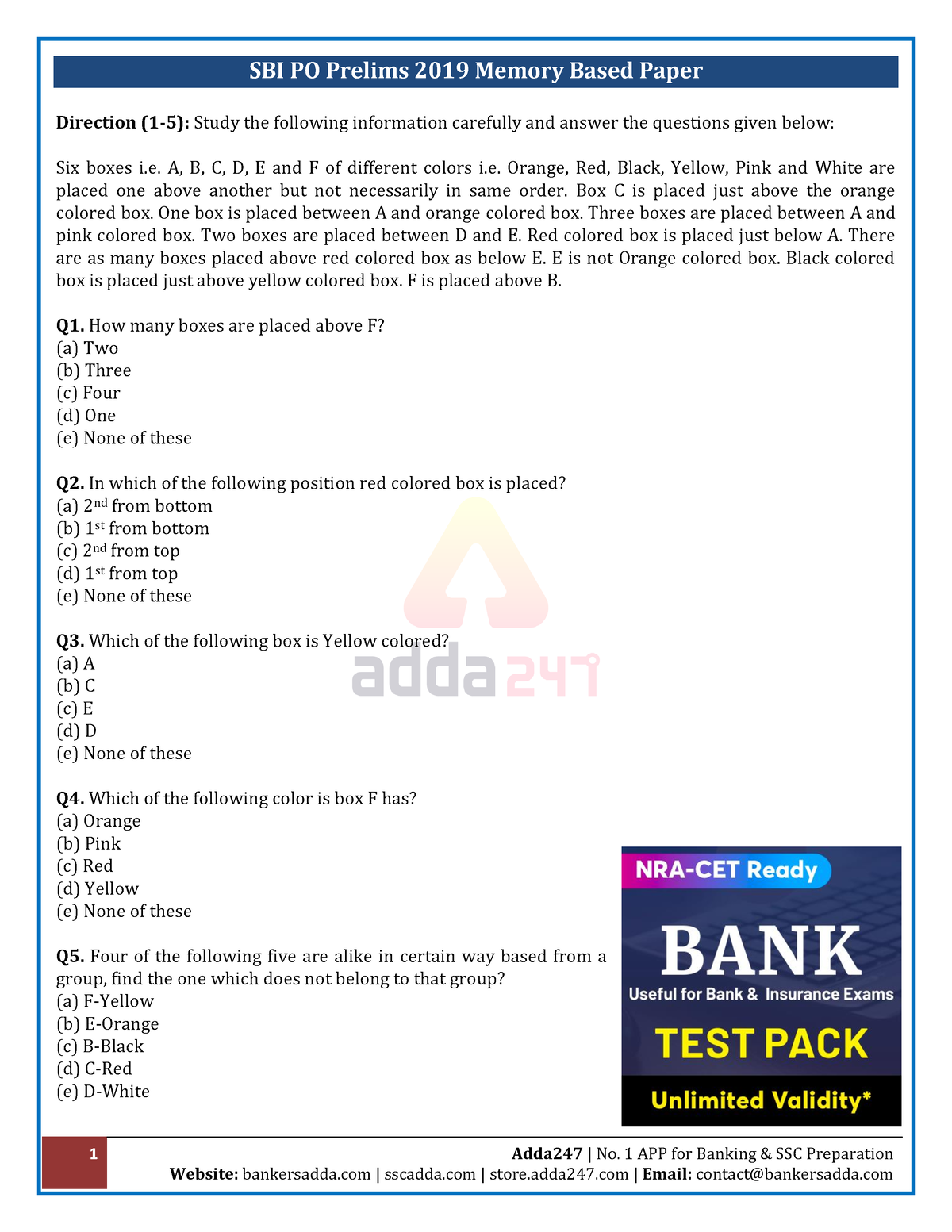 Sbi Po Prelims Memory Based Paper Questions Adda No App For Banking Ssc Studocu