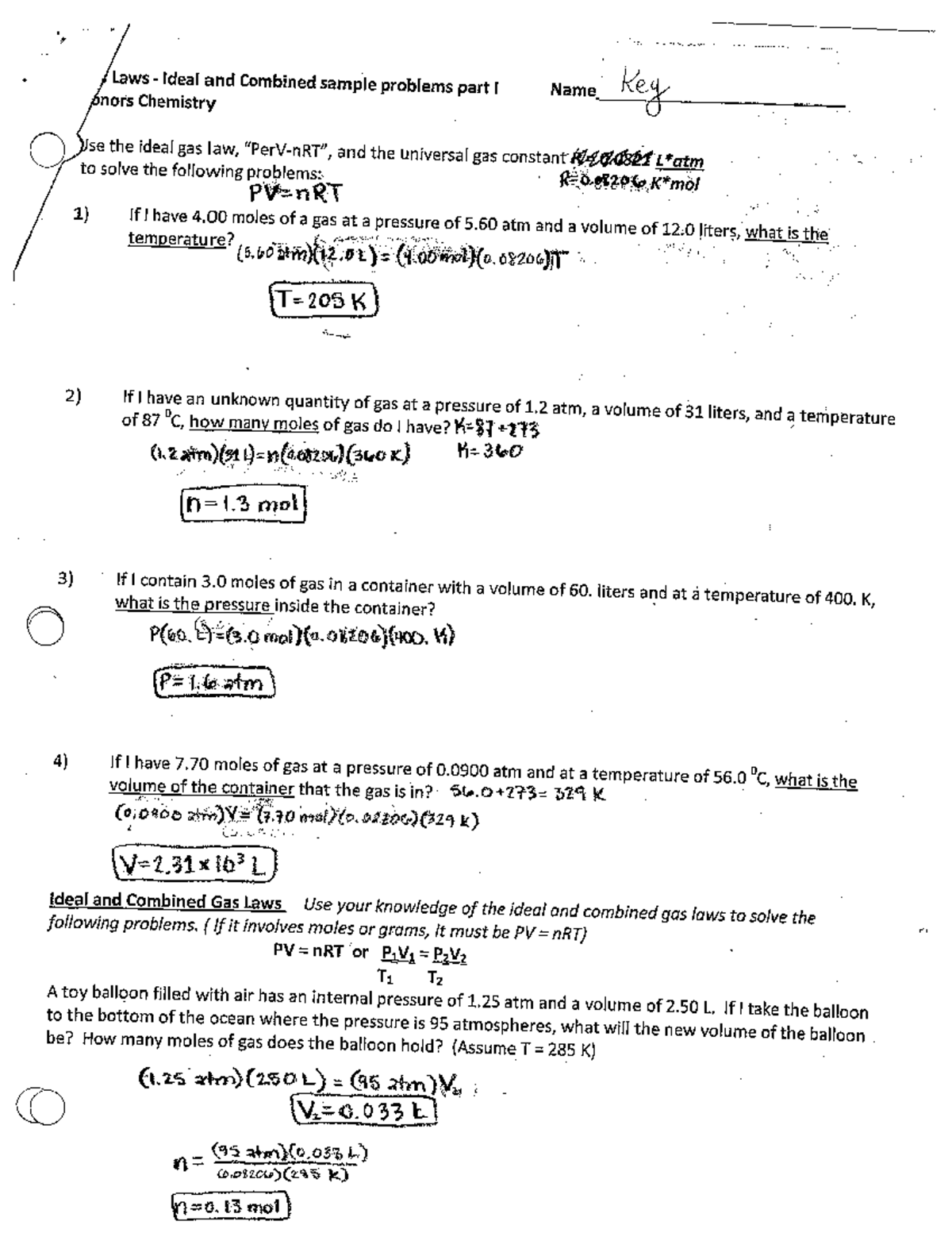 Gas law ws key gas law anatomia Studocu