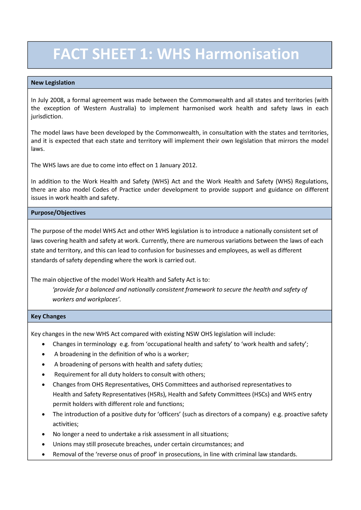 Work Health And Safety Act 2011 Fact Sheets FACT SHEET 1 WHS 