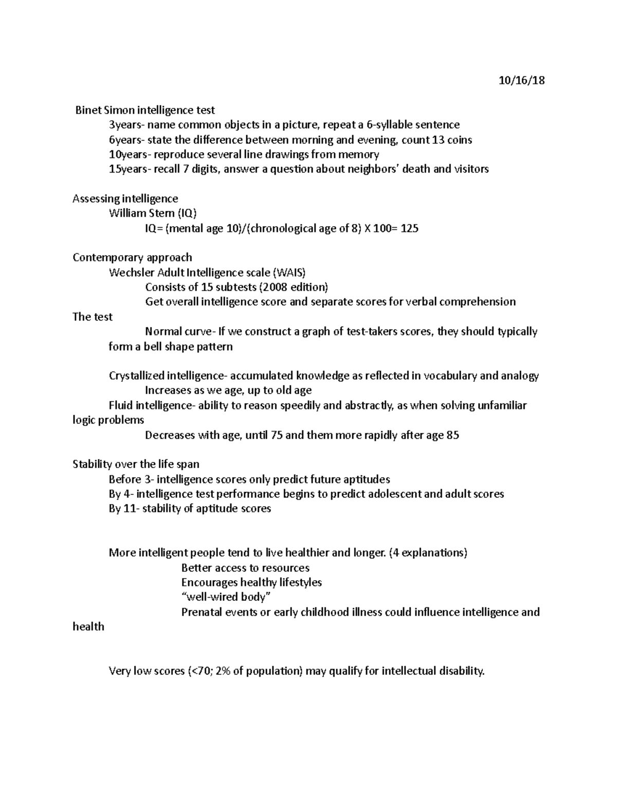 Psych 10:16 - Lecture Notes - 10/16/ Binet Simon intelligence test ...