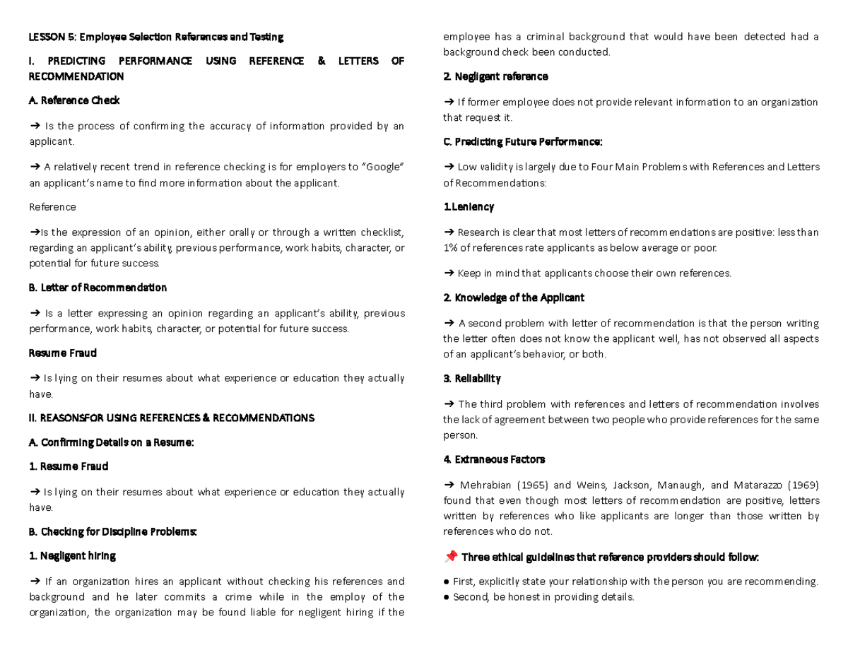 Midterm Io - Lesson 5: Employee Selection References And Testing I 