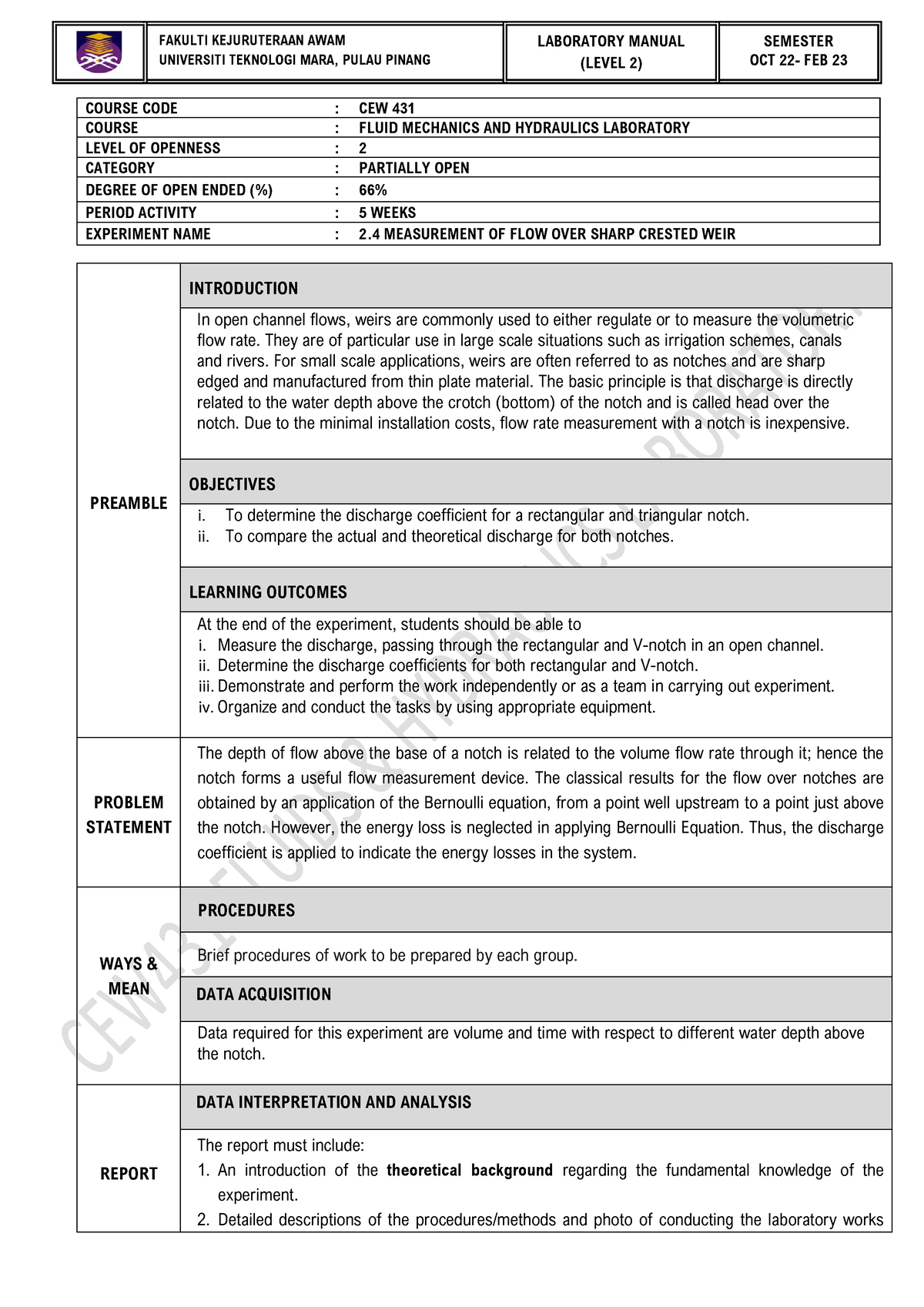 L11 Sharp crested weir Lab Sheet OCT22 - FAKULTI KEJURUTERAAN AWAM ...