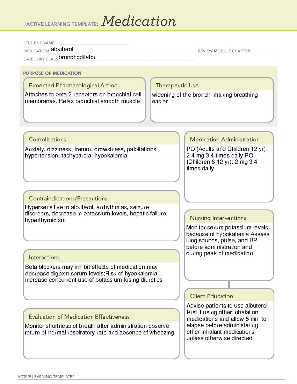 Albuterol - assignments - ACTIVE LEARNING TEMPLATES Medication STUDENT ...