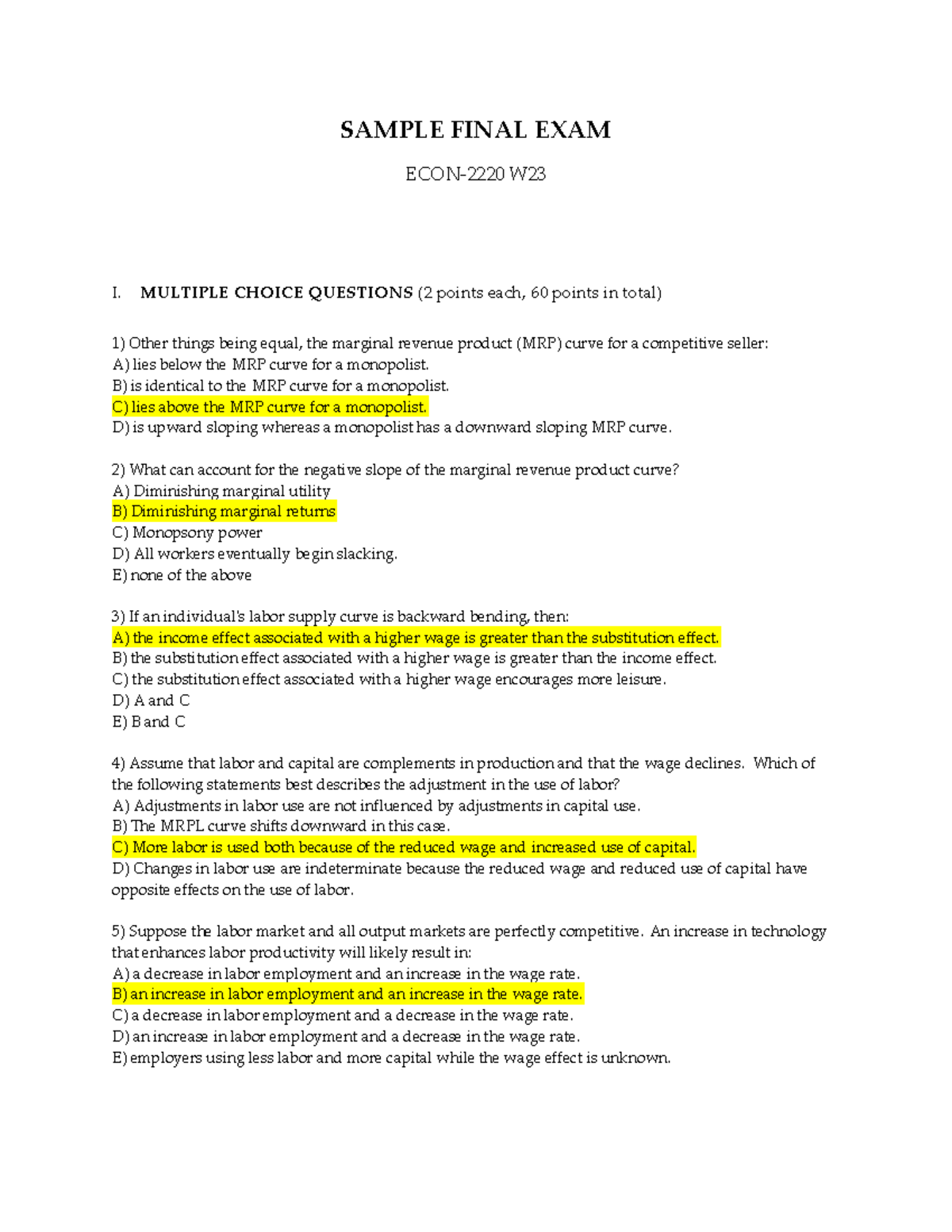 ECON2220-W23-Final Exam-AK - SAMPLE FINAL EXAM ECON-2220 W I. MULTIPLE ...