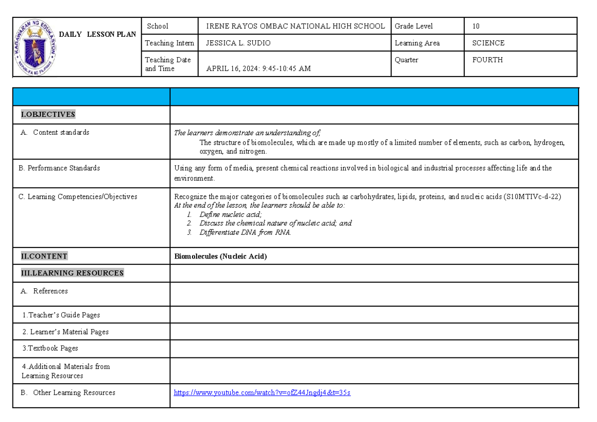 SDLP NucleicACID DAILY LESSON PLAN School IRENE RAYOS OMBAC