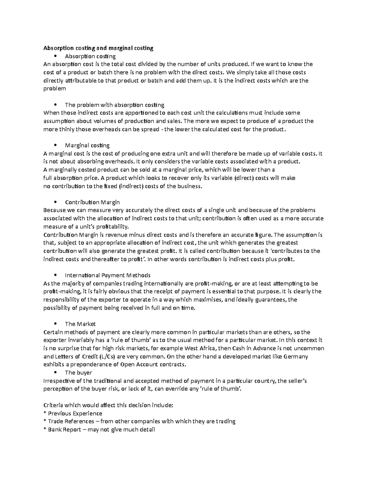 Business costs Export Finaces Absorption costing and marginal