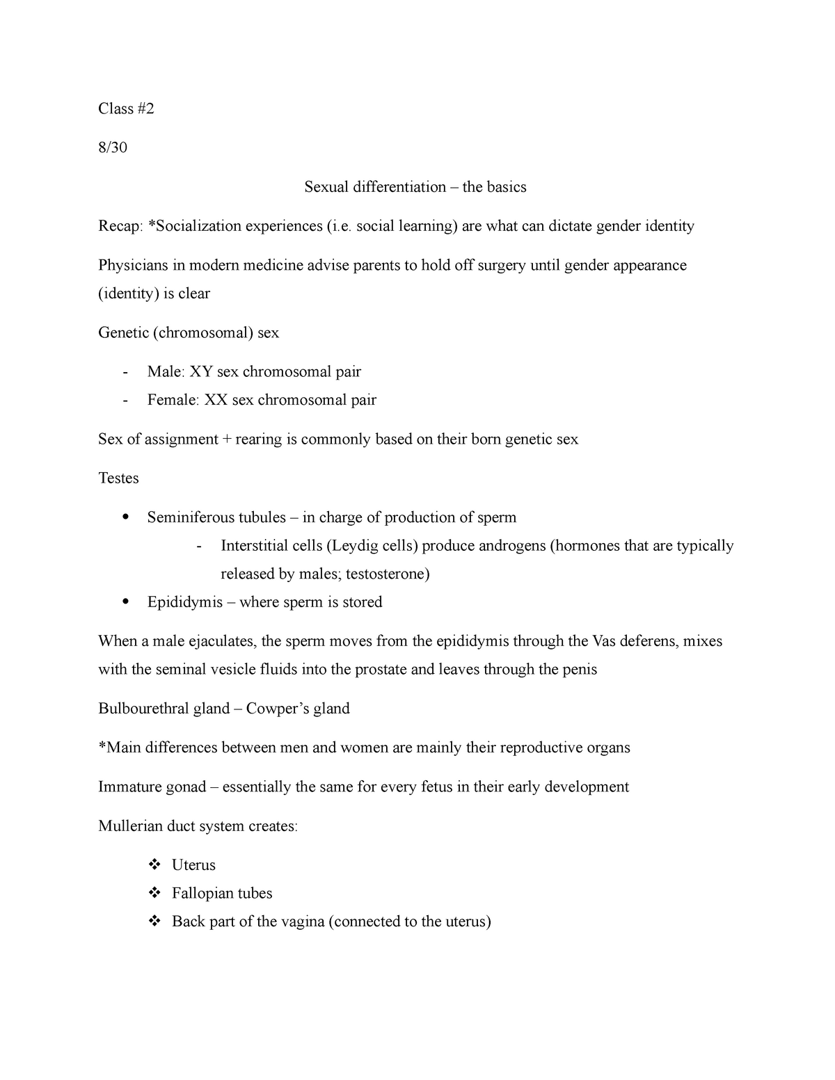 Class #2 - Lecture Notes - Class # 8/ Sexual Differentiation – The ...