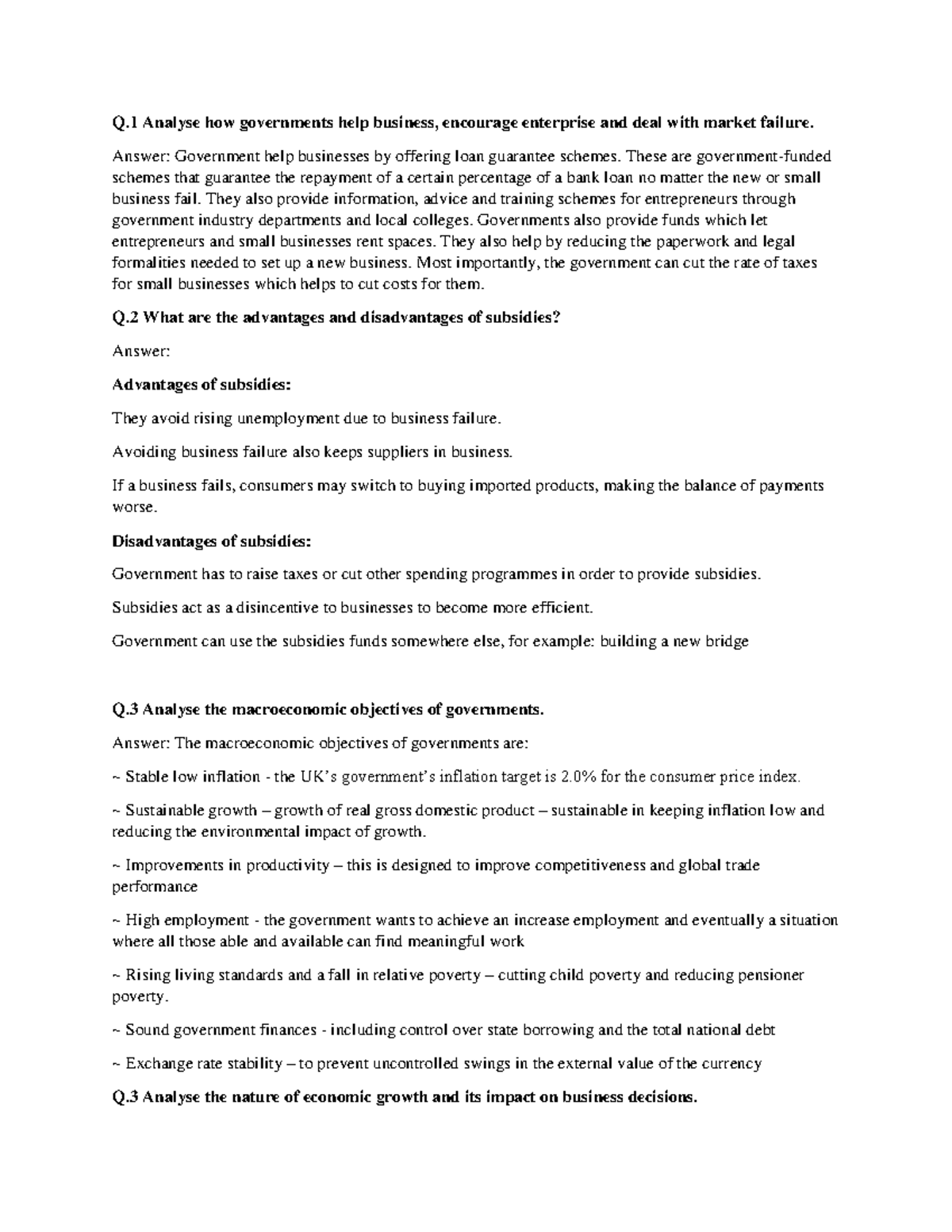 Business Chapter 7 notes - Q Analyse how governments help business ...