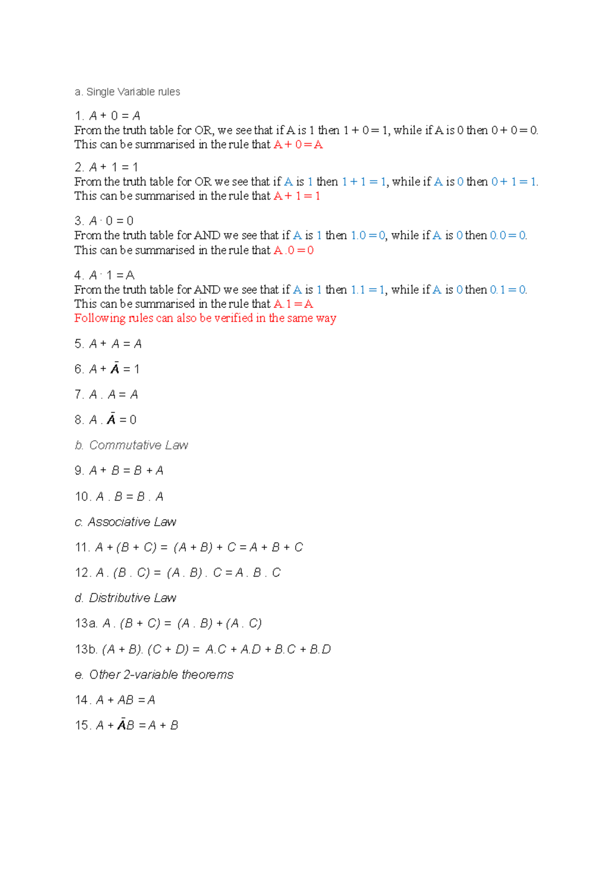 Boolean revision basics - a. Single Variable rules 1. A + 0 = A From ...