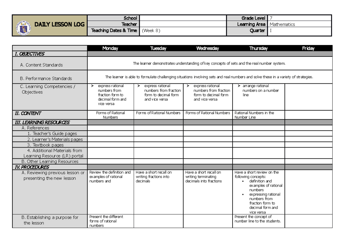 Sample Grade 7 DLL Q1W8 - NONE - DAILY LESSON LOG School Grade Level 7 ...