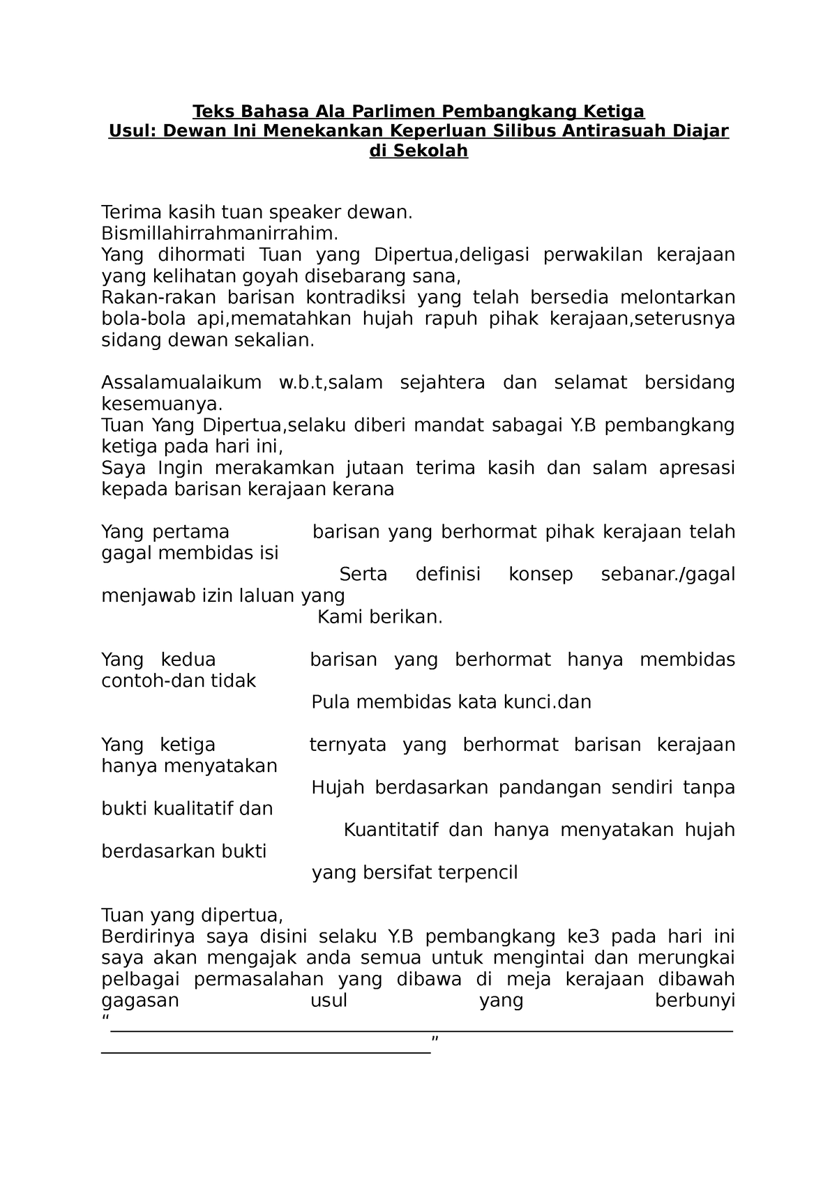 Teks Bahasa Ala Parlimen Pembangkang 3 Kedua 2 Teks Bahasa Ala