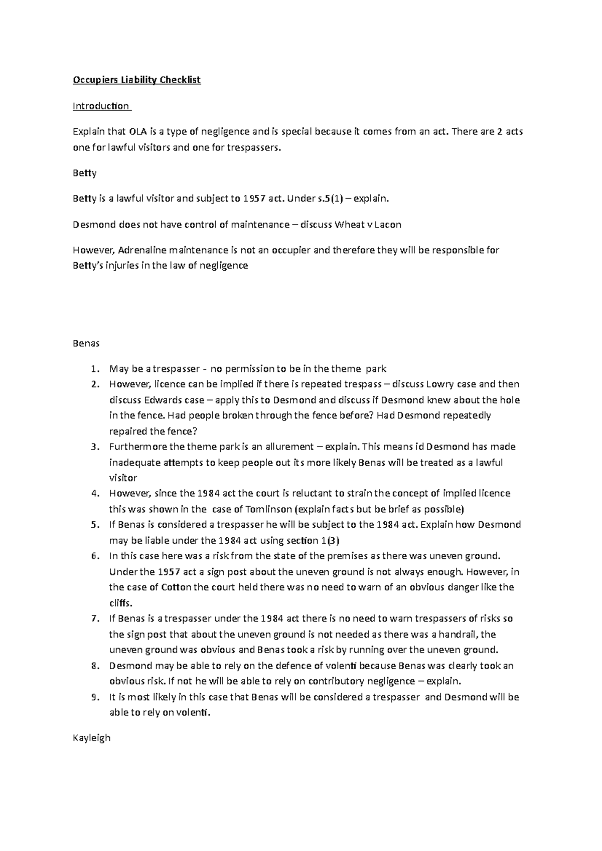 Occupiers Liability Checklist - Occupiers Liability Checklist ...