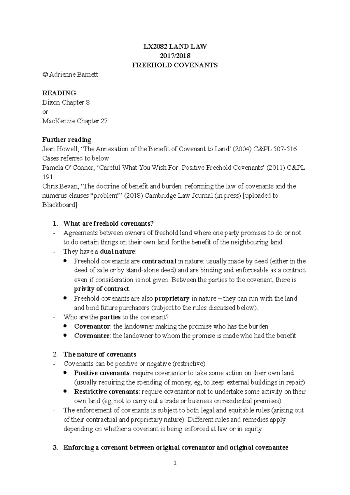 Lecture 12 - Freehold Covenants handout - LX2082 LAND LAW 2017 ...