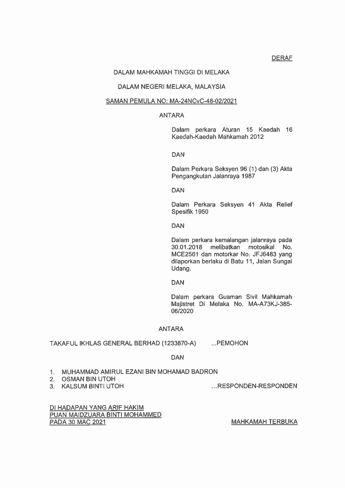 Draft Order Declaration Civil Procedure II Studocu